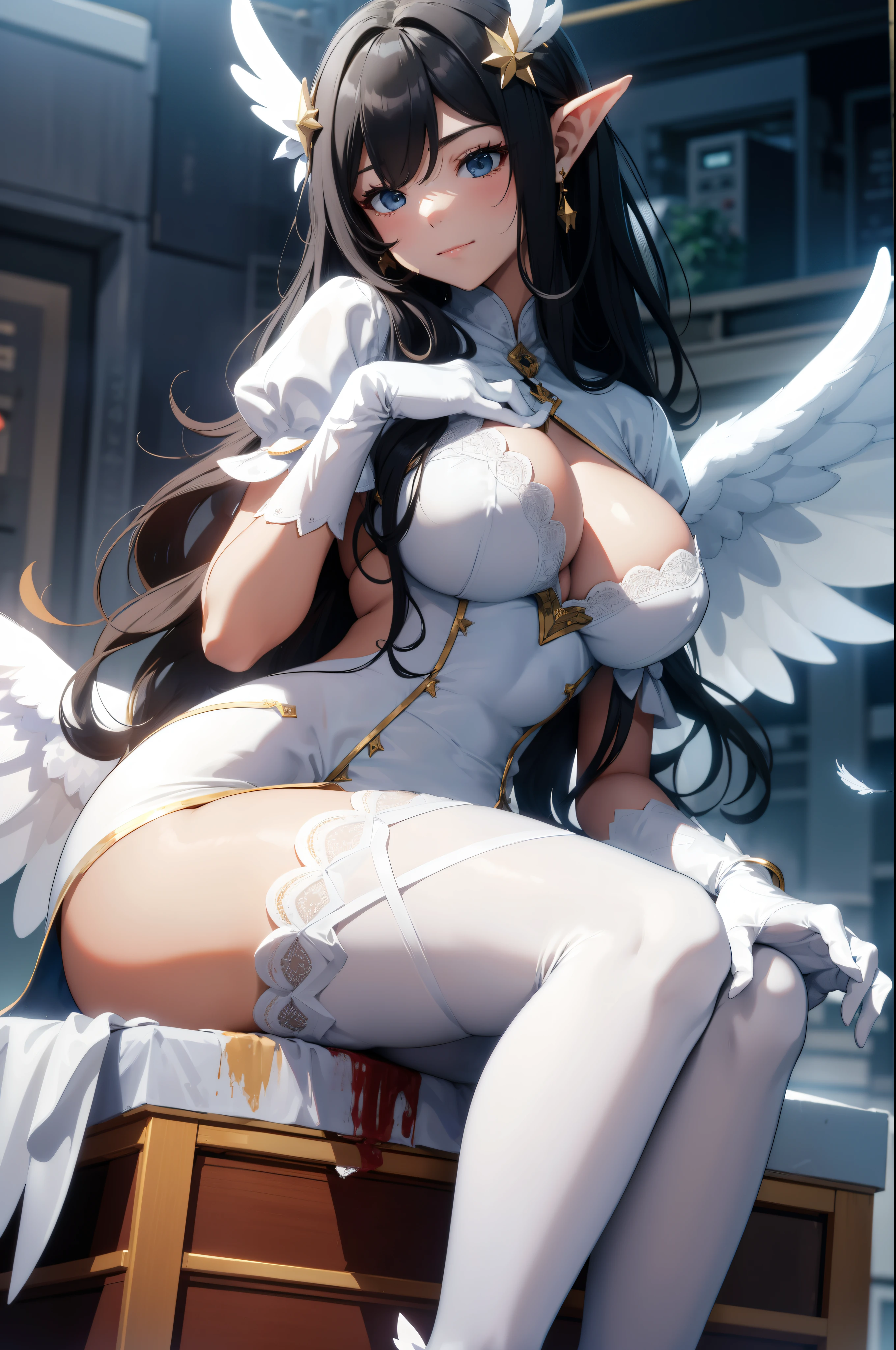 giant girl 50,000 feet high,Weight 1000kg,Have a pair of long legs,Keep your eyes open,Has a pair of huge white angel wings,With huge devil horns on his head,wear a crown on your head,Elf wearing white earrings,She has long black hair that reaches her feet,loose hair,Black wavy long curly hair,Wearing a pair of white boots on her feet,White lace gloves,White lace pantyhose,Bow and star embellished tights,白色蕾丝whole body,Sit on a tall building,Beautiful appearance,Exquisite makeup,quality,8k,高quality,Perfect proportion, Cinema lighting,film grain,Fuji colors,8k,textured skin,Super details,high detail,high resolution,fake smile,blood stains,脚底有blood stains,whole body,fat,elf princess,feather,flowers
