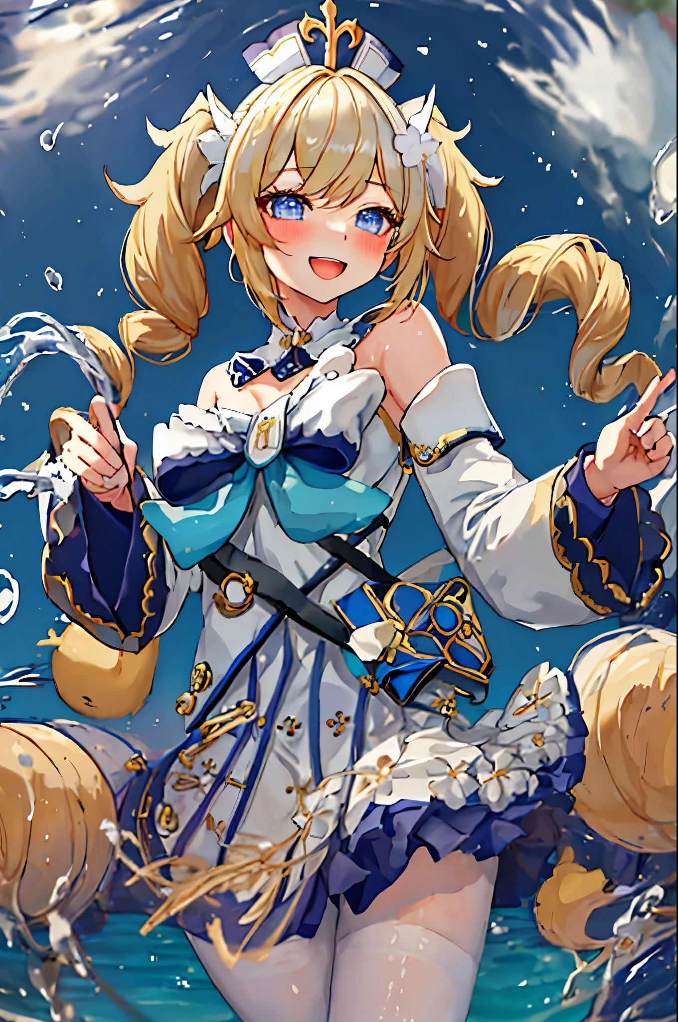 最好of质量, masterpiece, high resolution, 独自of, {barbara_Genshin:1.15}, blonde_hair, 蓝色of_Eye, twintails, Bangs, 长of_hair, drill_hair, twin_drills, hexist, blush, Smile, Open_Mouth, breast, 白色of_headgear, hair_decoration, 1 girl, :d, only_Shoulder, of_collar, of_sleeve, skirt, 长of_sleeve, watching_exist_audience, 白色of_skirt, bow, superior_Body,White slime,