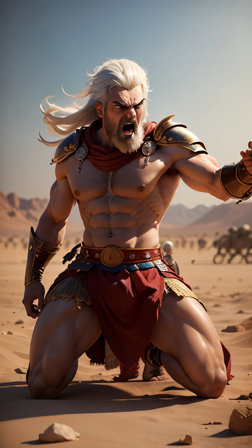 (Professional 3D rendering:1.3) de (Realistic:1.3), screaming, Kneeling, king of persia, 18 years old, desert, long hair, white haired, Persian knights lying nearby, Handsome, angry, white haired, Wearing no tops, (background: Soldiers wearing Persian armor retreating 480 BC:1.1) , muscular, white haired, very angry, angry expression, shouting, battle, ((Fierce expression with short beard and dynamic pose, fantastic location)), 