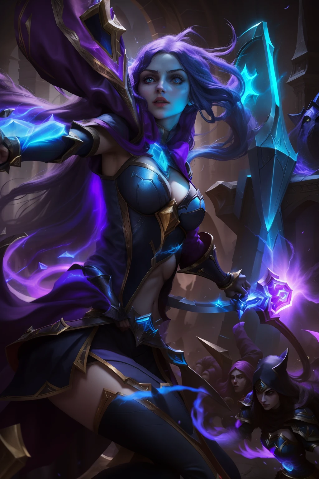 a woman with a sword and a purple light in her hand, irelia, Morgana, Morgana from league of legends, Personagem de League of Legends, Personagem de League of Legends art, Arte conceitual de League of Legends, leblanc, Samira de League of Legends, arte inicial, Irelia de League of Legends, league of legends arte inicial, official arte inicial, best quality, 8k