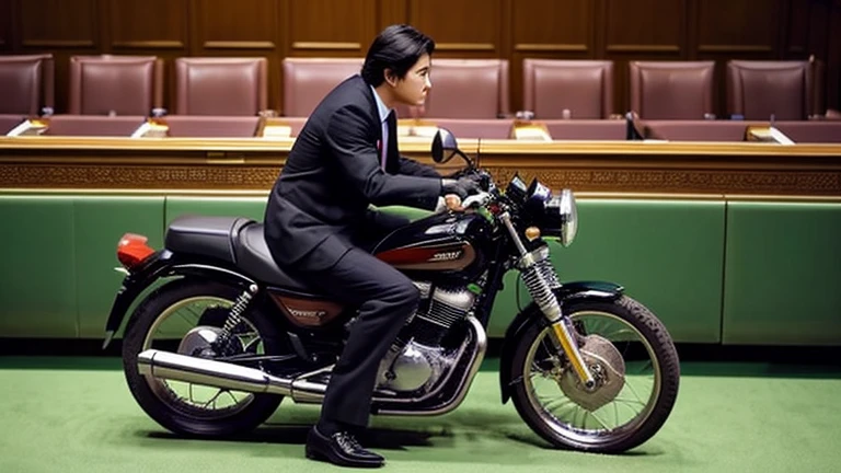 news photos, Scene at the Diet, riding a motorcycle in parliament, politician riding a motorcycle, suit, Japanese, young, male, speaking in parliament, serious expression,