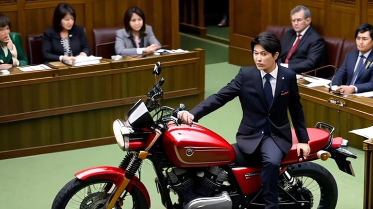 news photos, Scene at the Diet, riding a motorcycle in parliament, politician riding a motorcycle, suit, Japanese, young, male, speaking in parliament, serious expression,