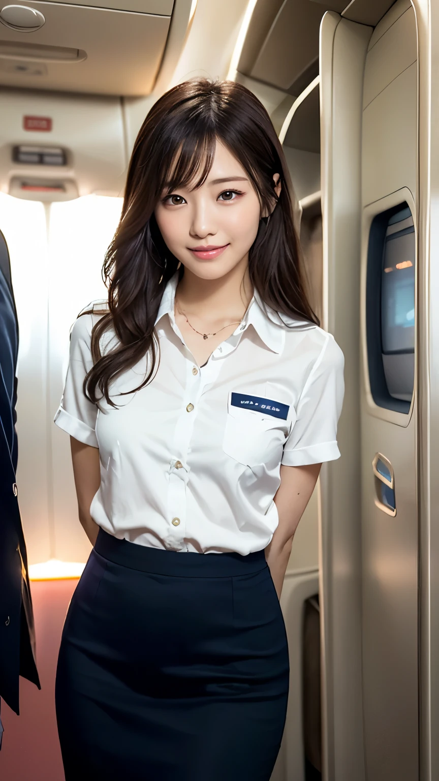 POV, //Situation
(Her first flight as a flight attendant), (I photographed her working as a CA), (Cowboy shot), (from front), 
BREAK 
//quality 
(masterpiece:1.3, realistic, photo-realistic:1.37, RAW photo), high resolution, ultra detailed, extremely detailed CG unity 8k wallpaper, beautiful detailed face, detailed cloth texture, detailed hair texture, Perfect proportion, Beautiful Face, accurate, Anatomically correct, Highly detailed face and skin texture, natural neck length, (beautiful hands), 
BREAK
//appearance 
(((1 girl:1.3, solo:1.3, 24yo:1.3))), ((neat:1.2)), (Pretty smile:1.2), (blush:1.15),
Detailed eyes, symmetrical eyes, Light Brown eyes, Double eyelids, Thin eyebrows, shiny necklace, small earrings, (Glossy lips:1.4), (fair skin:1.2), Thin legs, Thin feet, pale skin, realistic skin, 
//Wear
(She is Wearing a (Navy)business-jacket Over the classy (white)button-shirt:1.2), ((Navy)pencil-skirt:1.2, high-heels),
(medium large breasts), (slender figure:1.2), 
//Hair
((Dark brown hair, wavy hair, medium long hair, asymmetrical bangs:1.2)), 
BREAK 
//Pose
((She's standing elegantly with arms behind back in the entrance of inside the Airplane:1.3)), 
//Place 
(inside the Japan's airplane:1.2), 
//Effect 
(background of muted colors:1.2), (depth of field:1.2, chiaroscuro, cinematic lighting:1.2), (bokeh:1.2), (light and shadow:1.3), 