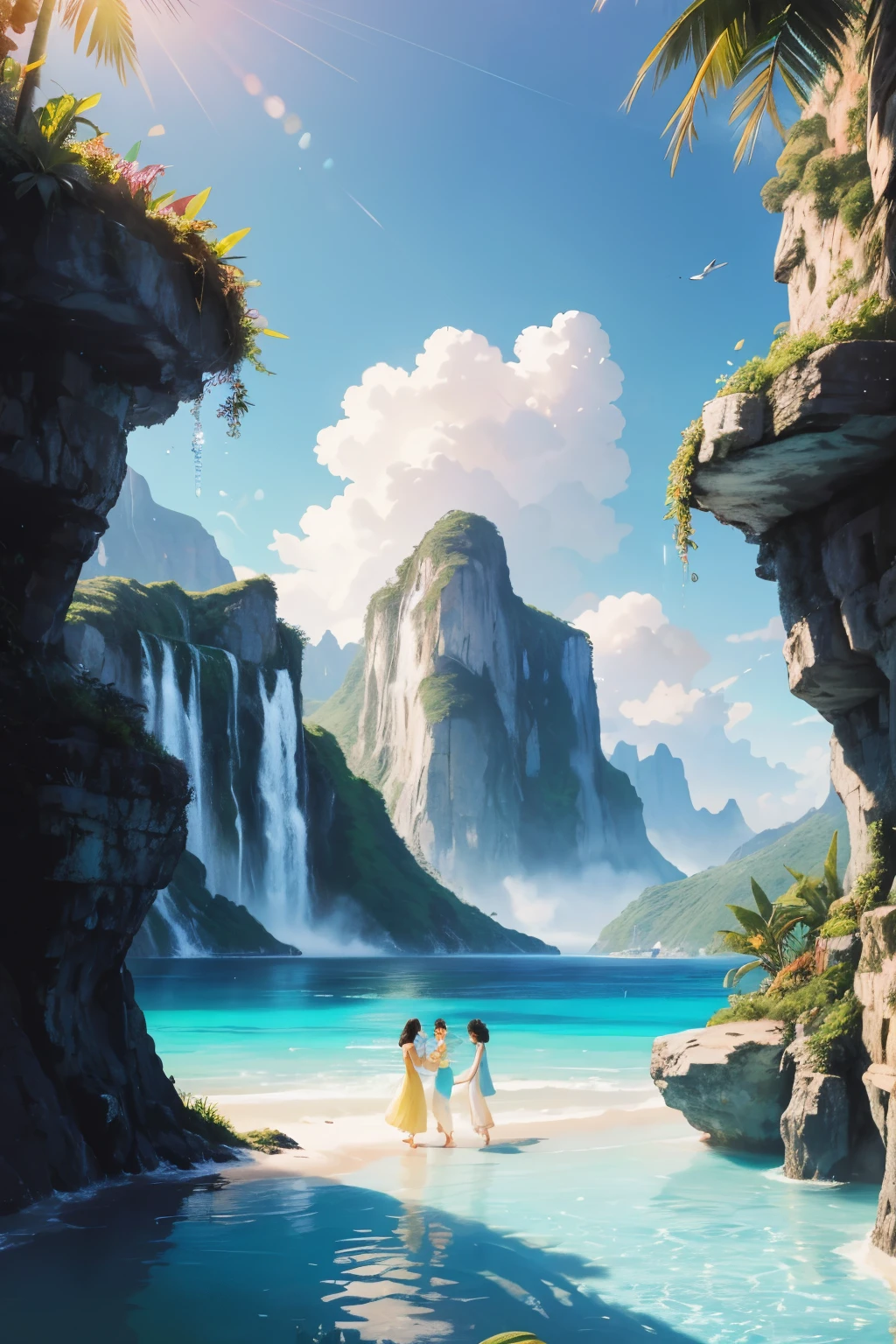 A breathtaking illustration of a hope-filled utopia world, where dreams become reality, and endless freedom reigns. The serene landscape is adorned with lush greenery, crystal-clear waters, and radiant sunrays that illuminate the horizon. The sky is a canvas of vibrant hues, from soft pastels to rich, bold colors, reflecting the boundless optimism of the inhabitants.
Central to this idyllic paradise stands a group of joyful figures, their faces illuminated with the purest of smiles. They are clad in elegant, flowing garments that mirror the natural world around them. The climate is perfect, with a gentle breeze rust