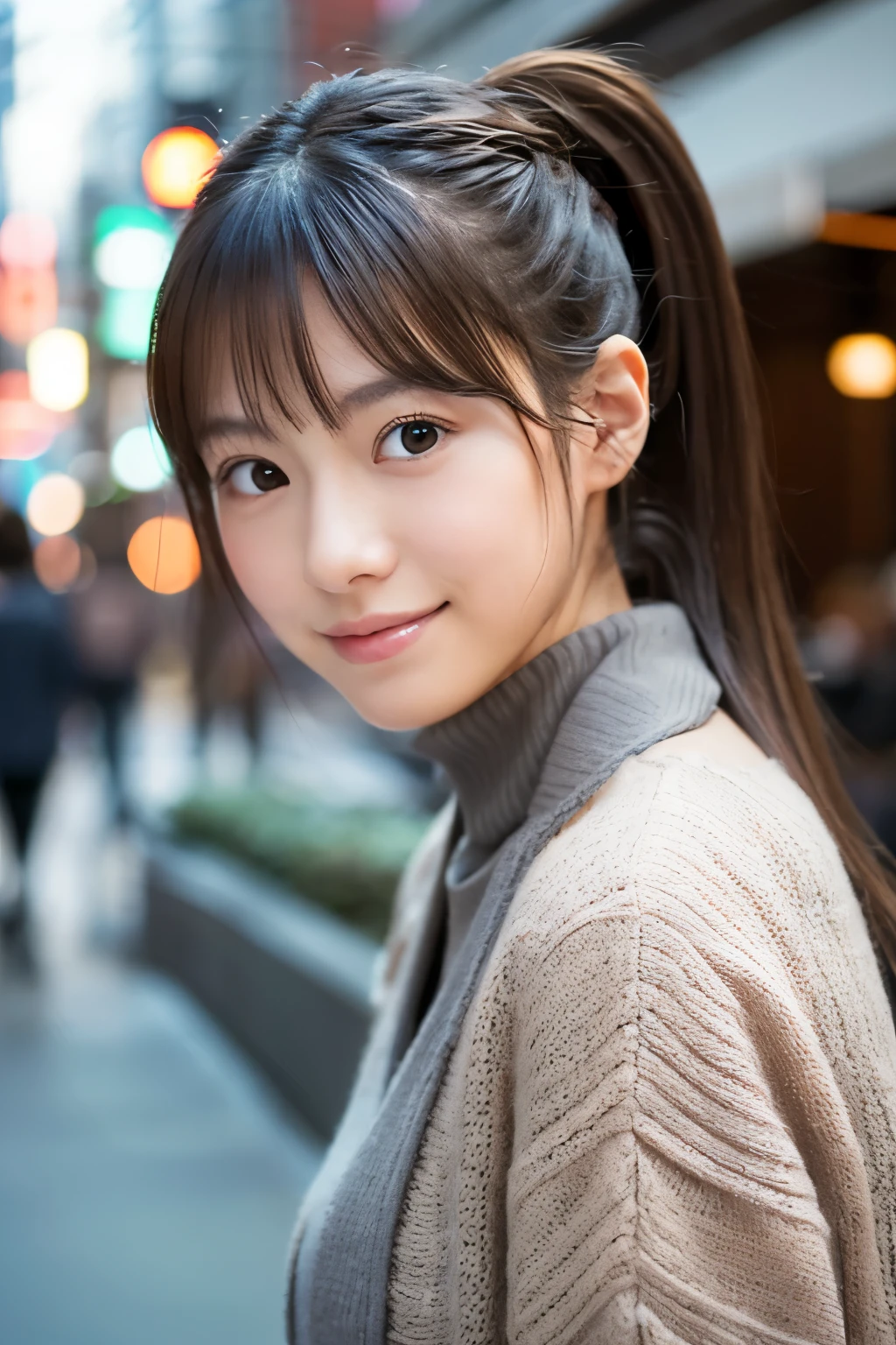 "Imagine a beautiful Japanese girl, depicted in a three-dimensional style, resembling a real human. She has a brown ponytail and is characterized by her clear, large, upturned eyes. Her features are delicate, with the elegant qualities distinctive of Japanese heritage. Her skin tone is natural, with a realistic texture. She wears a gentle expression, with a soft smile. The background is a softly blurred cityscape, and she looks towards the camera. This image aims to capture the appearance and essence of a young Japanese woman in the real world."