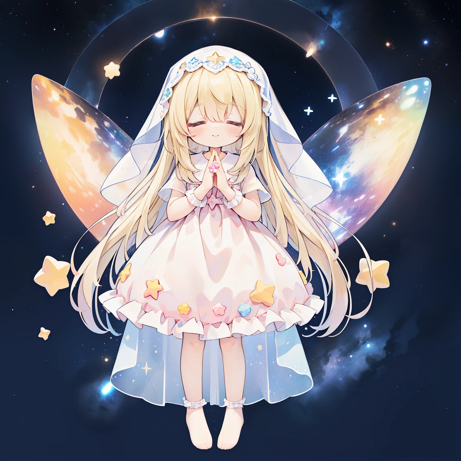 (PastelColors:1.3)、(Cute illustration:1.3)、Close your eyes and see the stars in the night sky々girl praying for peace、Full body standing from a distance、Dressed in a beautiful frilly dress and veil、blonde long hair、Smile of Charity、space galaxy background