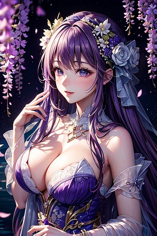 {{{{masterpiece}}}}, {{{super detailed}}}, {{{High resolution}}}, {{excellent anatomy}}, (((highest quality))), ((very delicate and beautiful)), {{very detailed and delicate}}, {8k cg wallpaper},best style、beautiful woman、The most beautiful woman in the world、Purple water面に紫色の花が咲いている, soft purple glow, Purple background, Purple light, purple wisteria forest, Dynamic lighting for the wisteria season, art, Purple lights, Purple lighted street, shining purple, Purple cherry blossoms are raining everywhere, The blossoming path to heaven, purple glow、Purple water、purple reflective water surface、purple light