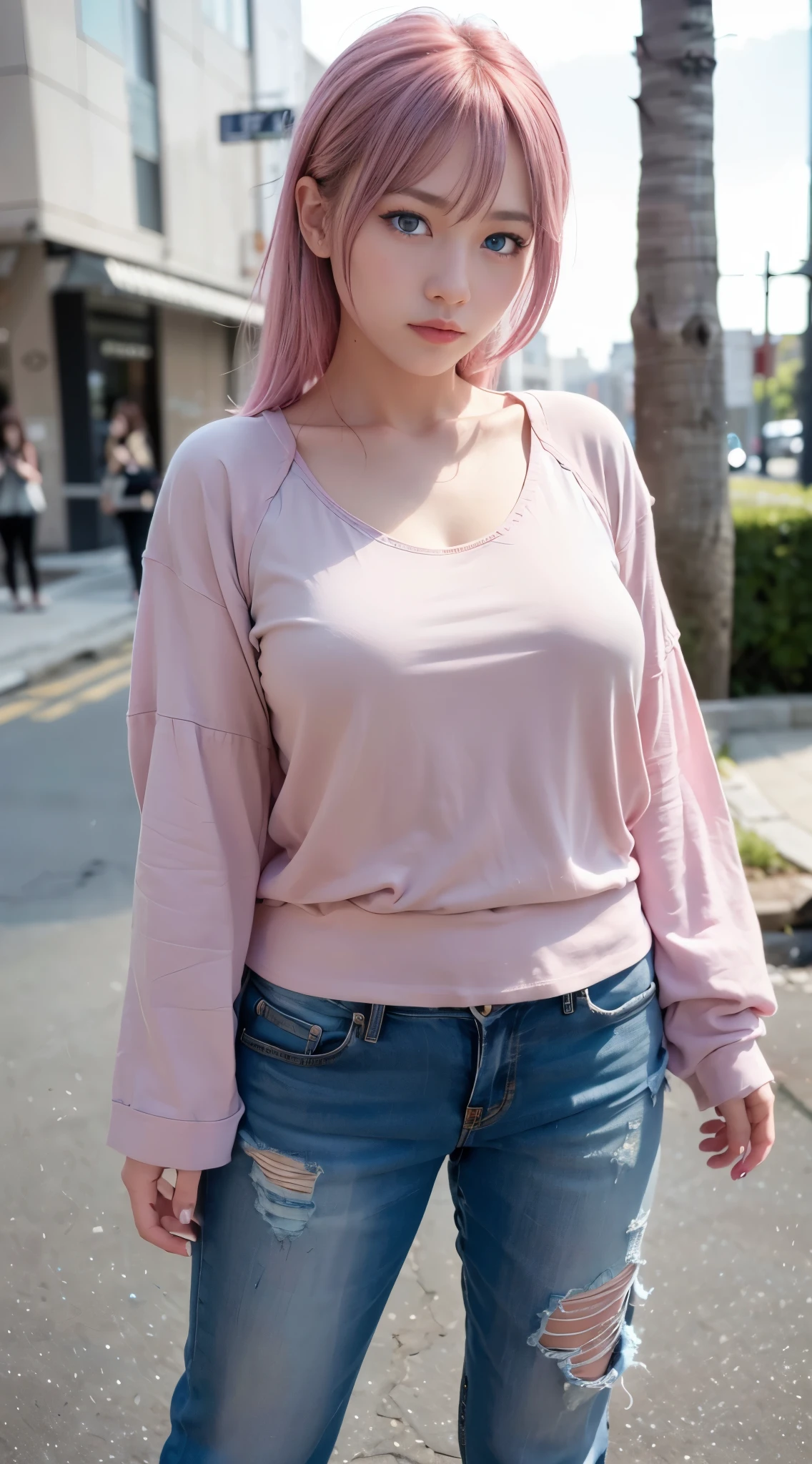 1 girl、foto de la joven (Sana Minatonazi:NamiTamaki:0.5) High resolution 1.2, (8k, RAW Photo, Best quality, Masterpiece), (realistic, photo-realistic:1.4), Ultra detailed, big face, On the street Tokio, sexy, medium height, beautiful woman, Yukata Beauty, the night、A landscape urban、City light、Upper body、sexy, close-up、(realistic cyan blue eyes: 2.0), Asian woman with fine hair pink Cheng Yi, fine pink hair, inspired by Yanjun Cheng, flowing hair, Realistic skin tone, soft mouth, short pink hair, realistic pink short hair, very pretty, full body, realistic faces、pink hair,、(8k、raw photography、premium 、masterpiece:1.2)、(realistic、photorealistic:1.37), (pink hair), Ear hair, medium tits, ), wearing (black t-shirt:1.2) , pink top, long jeans with rips with a worn look, black jacket punk style with studs and tacks, pink and white sneakers