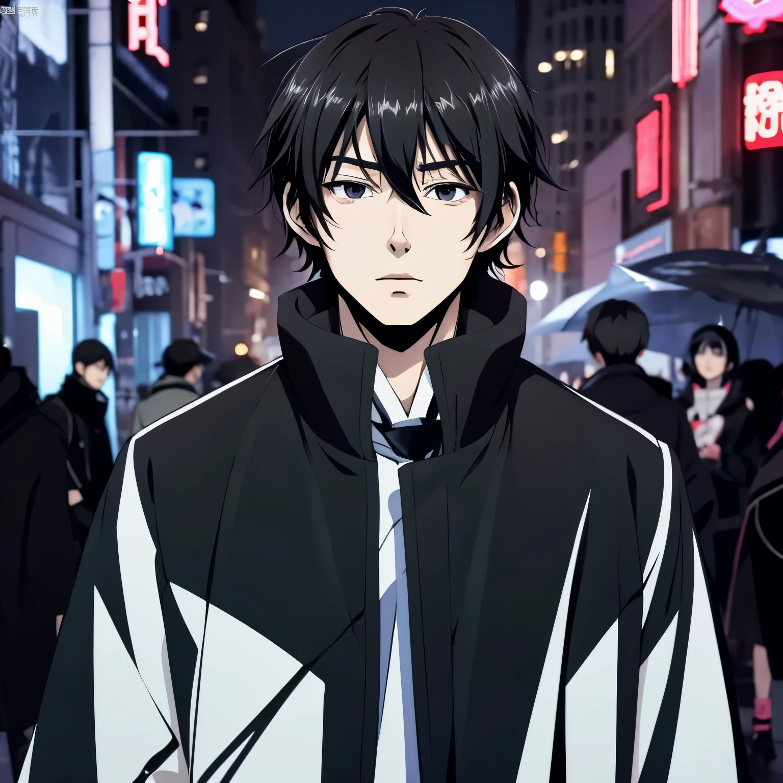 anime style、Short-haired young man、black coat、Expressionless、Handsome guy、young