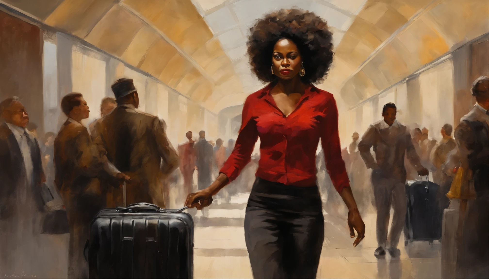 A striking oil painting depicting a busy airport bag, utilizing a deep red color palette and moody highlights. In the center of the scene, a young, black woman with curly hair stands out with her magnetic presence. She is standing in the middle of the lobby, holding a suitcase with a handle.

The painting conveys an intense and mysterious atmosphere, with vibrant dark red brushstrokes that evoke a sense of passion and determination. The dark highlights add depth and a touch of mystery to the setting.

The figure of the black woman with curly hair is carefully portrayed, with expressive features that capture her unique personality. His gaze is enigmatic and his bearing is imposing, conveying a sense of confidence and mystery.

The suitcase with handle next to the woman is painted with meticulous detail, using dark tones and textures that add a tactile touch to the work. The shadowy highlights on the edges of the suitcase create an effect of depth and realism.

The dark red color palette and shadowy highlights give the painting a conveyed atmosphere of emotions and intensity. The airport lobby is represented in an abstract way, with shapes and lines that suggest the constant movement of people around it.

This oil painting conveys the strength, determination and beauty of a black woman in a busy environment. It is a work of art that evokes deep emotions and invites the viewer to become involved in an intriguing narrative.