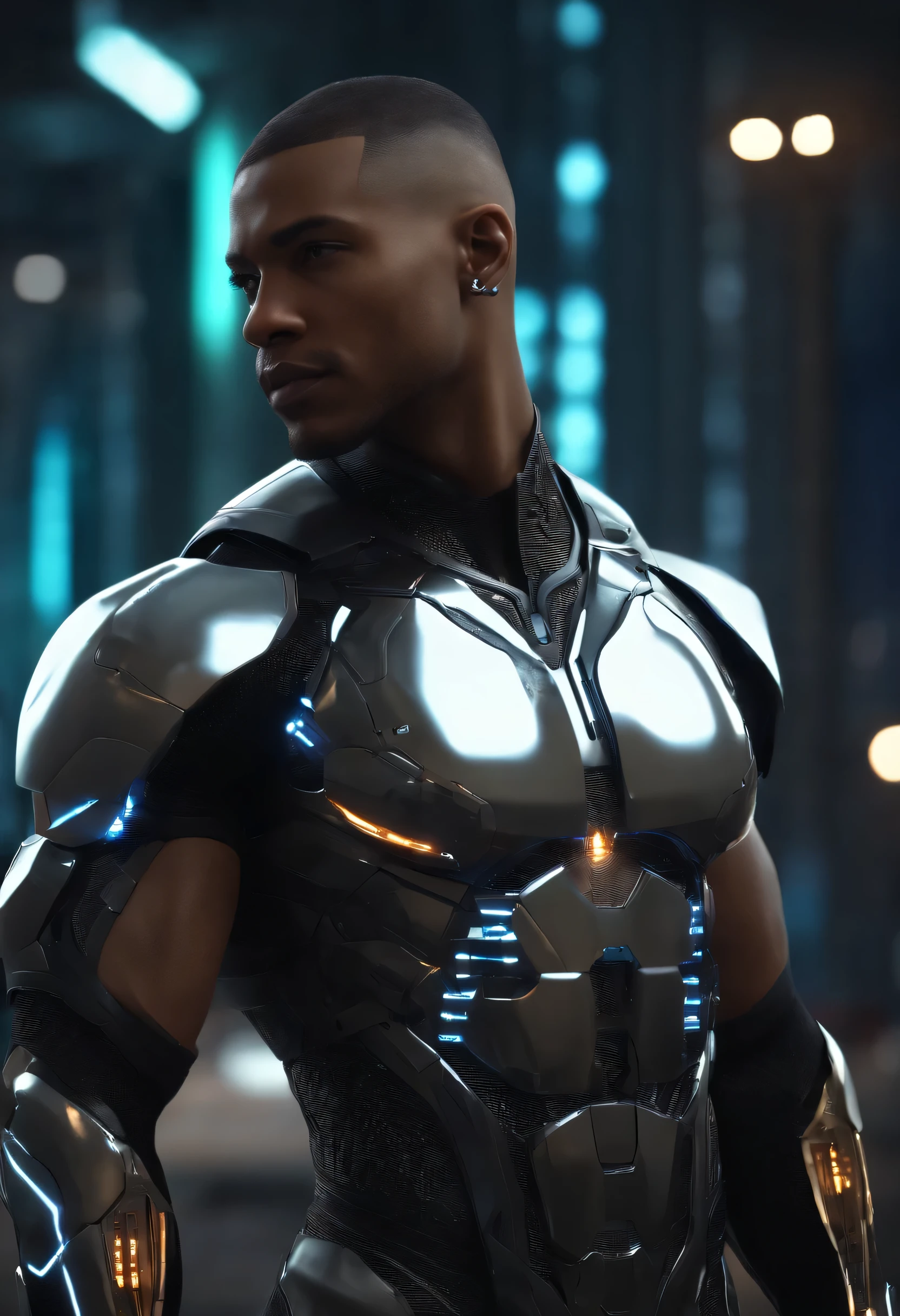 (melhor qualidade,4k,8k,high resolution,obra de arte:1.2),ultra-detalhado,(realista,photorealista,photo-realista:1.37), homem,meio metal, Strong muscle building, detailed huhomemoid features, shiny metallic components, etnia negra, mulatto heritage, ciborgue futurista, Luzes LED brilhantes, membros aumentados, technological integration, cyber enhancements, state-of-the-art prosthetics, advanced machinery, biomechanical design, Sleek and streamlined appearance, Dispositivos de alta tecnologia, cyberpunk aesthetic, atmosfera sombria e temperamental, luzes de neon, Dystopian cityscape in the background, dramatic shadows, olhar intenso, confident expression, postura determinada