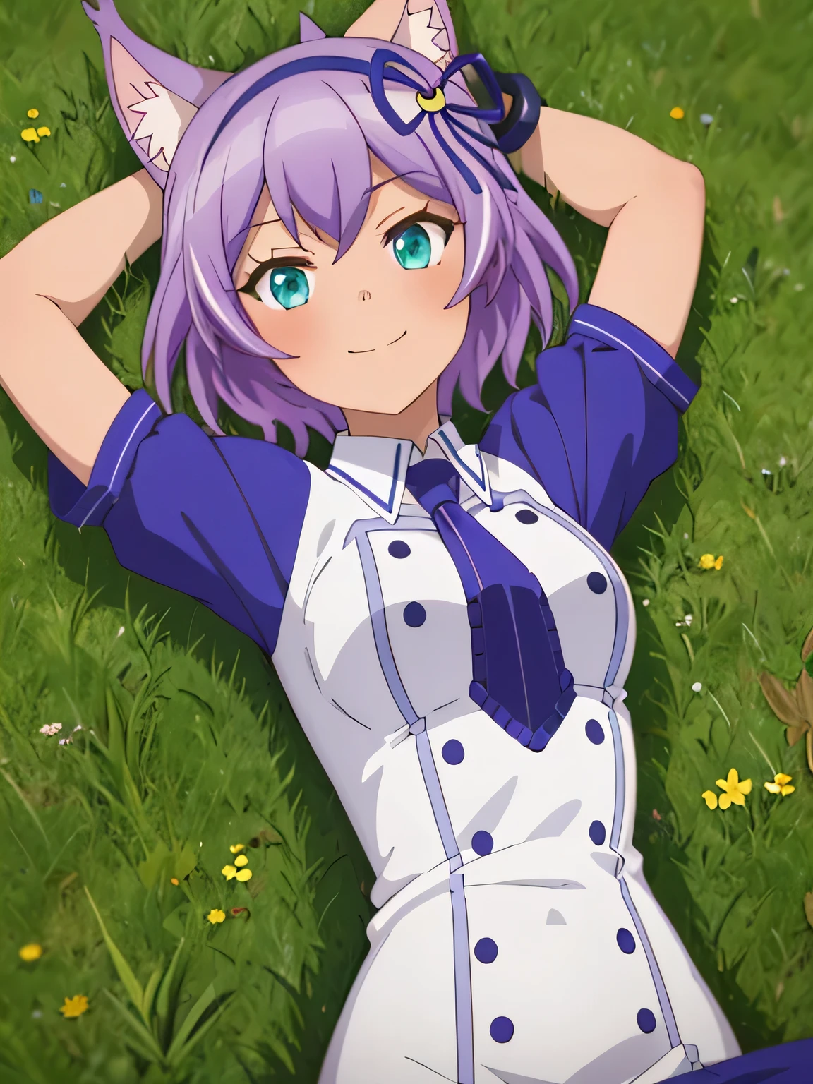 (((pixel-perfect, detail-perfect))), solo, 1girl, ruhuyu, short sleeves, necktie, looking at viewer, closed mouth, spread arms, arms up, on back, on grass, looking at viewer, solo, center, smile,