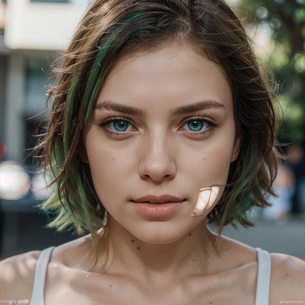 (a high quality, 8K, UHD, hyper-realistic) A beautiful blonde woman with mesmerizing blue eyes and delicate features, her skin flawlessly sculpted, and green hair.
