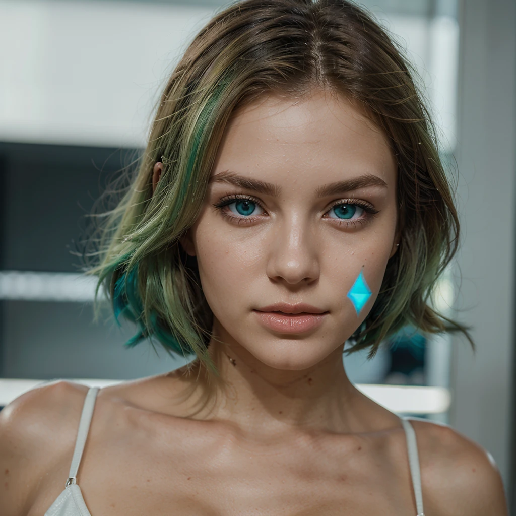 (a high quality, 8K, UHD, hyper-realistic) A beautiful blonde woman with mesmerizing blue eyes and delicate features, her skin flawlessly sculpted, and green hair.