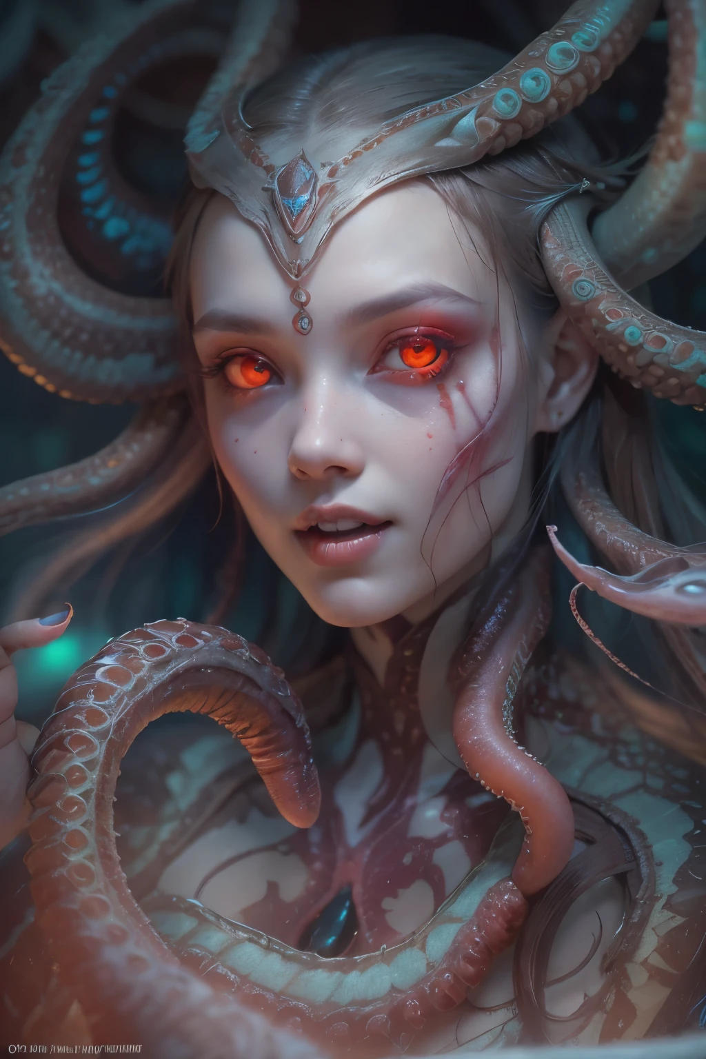 scary and sexy detailed art in color, Portrait, (beautiful and obscene female alien:1.4), (vulgarity1.5), (she has glowing red eyes with no pupils:1.8), (Translucent skin:1.7),  ((There is a female genital-like organ in the middle of the forehead:1.9)), (The most beautiful face in the history of the universe:1.2),an evil gaze that seduces, (large mouth:1.1), (sharp teeth like a vampire:1.2), Full body portrait, (bio luminescent:1.5), (Smile wickedly:1.3),  (sexypose:1.5), incredibly beautiful matured alien, (she has unparalleled beauty:1.5),  No humans, cells are fused, (Lots of translucent tentacles:1.6) extraterrestrial, cell, bio image, best quality, 8K,In 4K_quality, High freshness, Dramatic Lighting, masterpiece:1.5, cinematic quality, detail up, (exquisite details:1.2), high resolution, High freshness, drawing faithfully, (Thick eyebrows:1.2), Beautiful eyes with fine symmetry, (Highly detailed face and eyes:1.2),  (Super detailed skin quality feeling:1.1), perfect ???????,  (Beautiful toned body:1.5),  (Moist skin:1.2), not wearing makeup, (dark circles:1.1), long canines, cinematic drawing of characters, ultra high quality model, cinematic quality, detail up, (exquisite details:1.2), high resolution, High freshness, drawing faithfully, official art, Unity 8K Wall  , 8K Portrait, best quality, Very high resolution, ultra detailed artistic photography, midnight aura,  unreal engine 5, Ultra Sharp Focus, art by Amano Yoshitaka, ArtGerm, Roisch, intricate artwork, best quality, masterpiece, ultra high resolution, (photos realistic:1.4), ultra realistic realism, dream-like, nautilus, Creation of fantasy, Dream Snail, (biopunk nautilus:1.3),Thrilling color schemes, ultra realistic realism, seductively smiling, (white tentacles with stripes:1.2), subtle emerald green accents, (expression of ecstasy:1.6) , in the dark, she has snake-like eyes