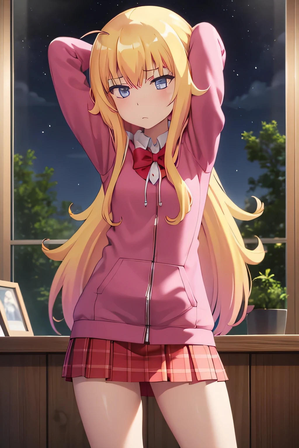 (extremely detailed CG unity 8k wallpaper), (masterpiece), (best quality), (ultra-detailed), (best illustration), (best shadow), (absurdres), 1girl, solo, gabriel white tenma, messy hair, ahoge, school uniform, red bow, plaid skirt, pink hoodie, arms behind head, closed_mouth, night sky, forest, spread armpits, contrapposto, cowboy shot, blush, expressionless, 