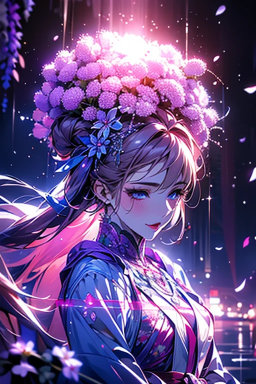 {{{{masterpiece}}}}, {{{super detailed}}}, {{{High resolution}}}, {{excellent anatomy}}, (((highest quality))), ((very delicate and beautiful)), {{very detailed and delicate}}, {8k cg wallpaper},best style、beautiful woman、The most beautiful woman in the world、Purple water面に紫色の花が咲いている, soft purple glow, Purple background, Purple light, purple wisteria forest, Dynamic lighting for the wisteria season, art, Purple lights, Purple lighted street, shining purple, Purple cherry blossoms are raining everywhere, The blossoming path to heaven, purple glow、Purple water、purple reflective water surface、purple light