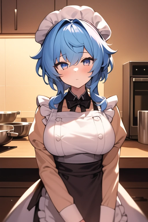 .(nude, naked, 1girl, solo, ,large breasts , solo) ,,  long hair,  , blue hair, ,aqua eyes, aqua hair, hair bobbles, hair ornament, hair rings,,,  ,Aqua(Konosuba),, nipple ,, (wearing nothing:1.5), empty eyes , ,, ,　, hospital, ,blue sky, cooking, sea