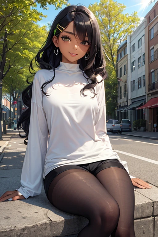(Masterpiece: 1.5, best quality, high resolution: 1.3, super resolution, super detailed, ultra detailed: 1.3, rich background: 1.2, 1 woman)) dark skin + black hair + long wavy hair + green eyes + long eyelashes + no fringe + beauty point under the eye + feminine body + small chest + wide hips + thick thighs (wide long-sleeved shirt, high shorts, dark pantyhose, simple accessories, pretty casual style, hair clip) ((smiles, sitting on a sidewalk, sunlight, trees in the background) (colors of clothing and accessories: white, black, cream, lime green, red)