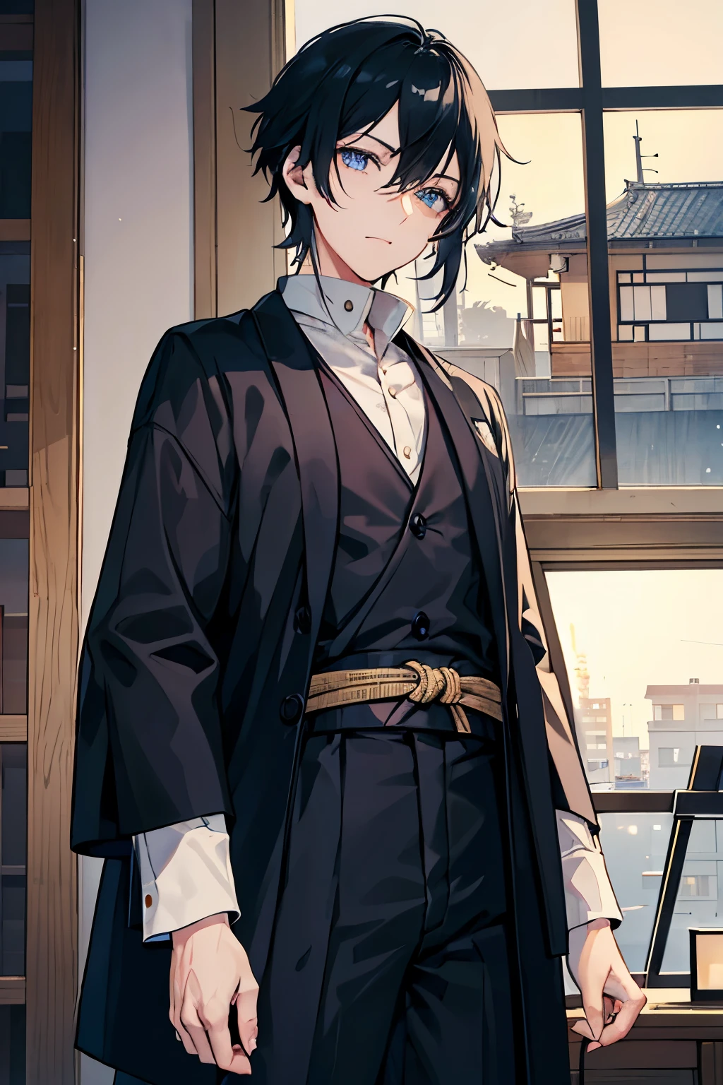 male　black hair　blue eyes　sweater　Check slacks　vest　coat　sit　sky at dawn　Inside the building　Japanese-style house　plush furnishings　机にsit　draw letters　masterpiece　Highest image quality　noise removal　clear parts 　cinematic shadow　Increased attractiveness of the eyes　clear parts the shine of the eyes　Draw eyelashes neatly　perfect eyes　detailed eyes　Sharpen image quality　Sharpen eye writing　clear parts eye shape