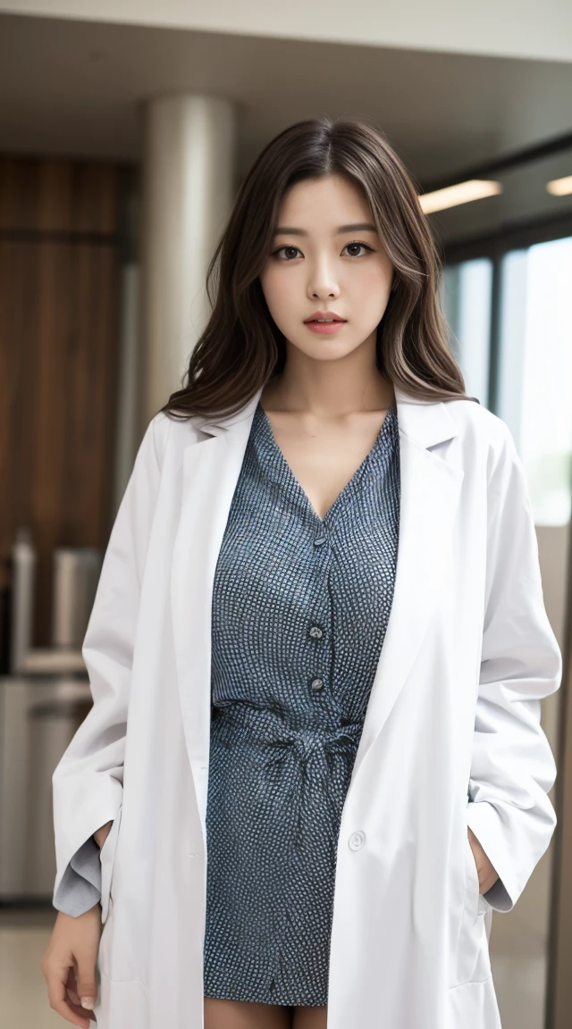wearing a white coat, doctor, scrubs,doctorの白衣, wearing a white coat, medical doctor,open chest、Be braless、You can see the protrusion of the nipple,A woman with the same face as last time(misaki)，４Ｋ、１people&#39;s women、slender、 Loose wavy styling 、seductive and attractive、full body shot,Including face and skin texture，detailed eyes、a seductive look