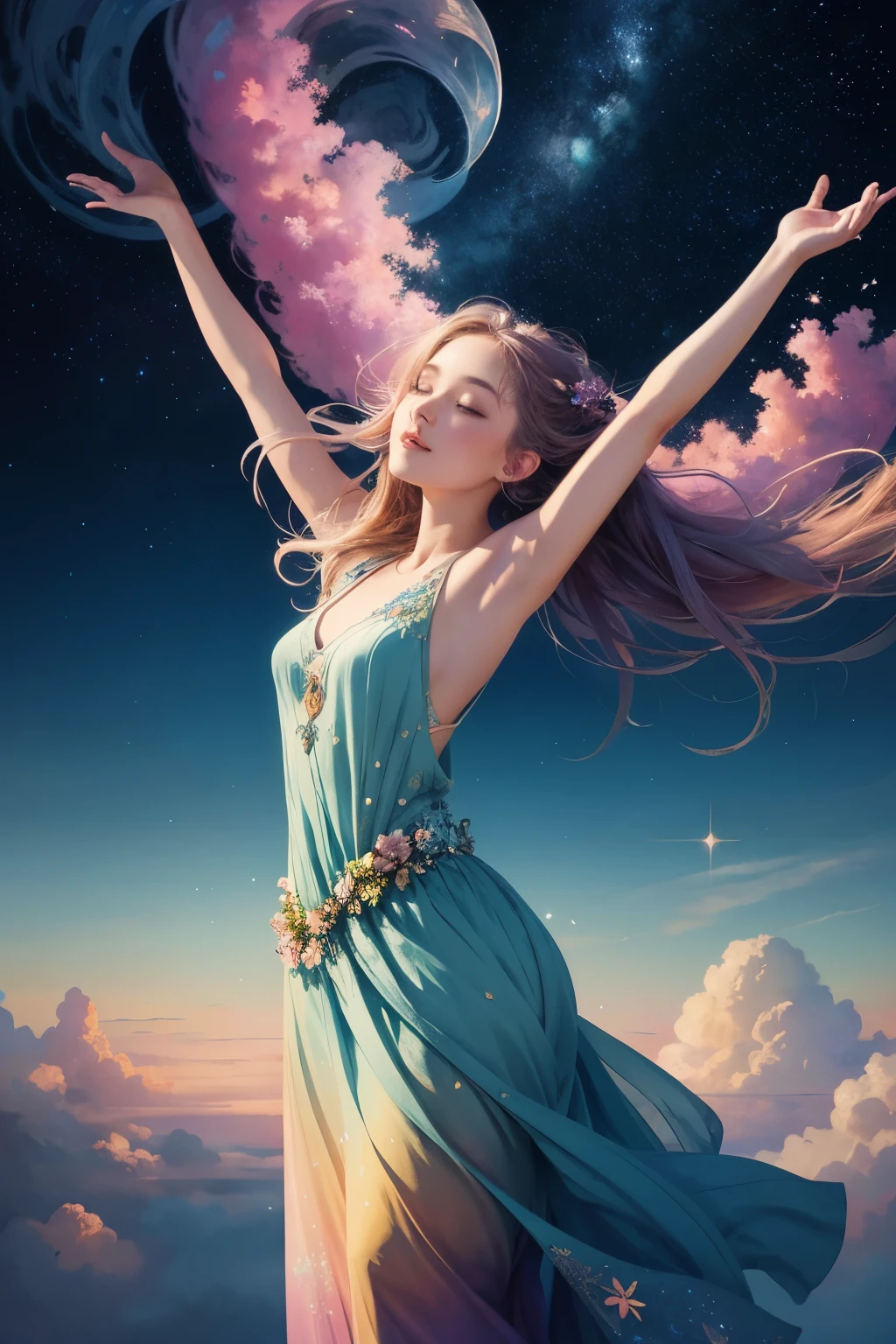 (masterpiece, high detail, high resolution, art style by Greg Rutkowski, depth of field), ((setting: high in the clouds)), (a naked woman floating in the air between volumetric clouds, high in the sky, billowing hair, (background: clouds in the sky), pale skin, (thick long rainbow paint hair: 1.8), sensual, (small breasts: 1.9), (small butt: 1.9), full body view, ((bright background), (gentle smile), relaxed, detailed, (volumetric, level difference detail), warm sharp sunlight, clear air, windy, backlight, contour light, strong but seductive, (((alone))), vibrant colours, flowy white transparent silk fabric around her waist only, (((entire body))) visible, both feet in the shot, kind face, ((golden eyes)), see through fabric