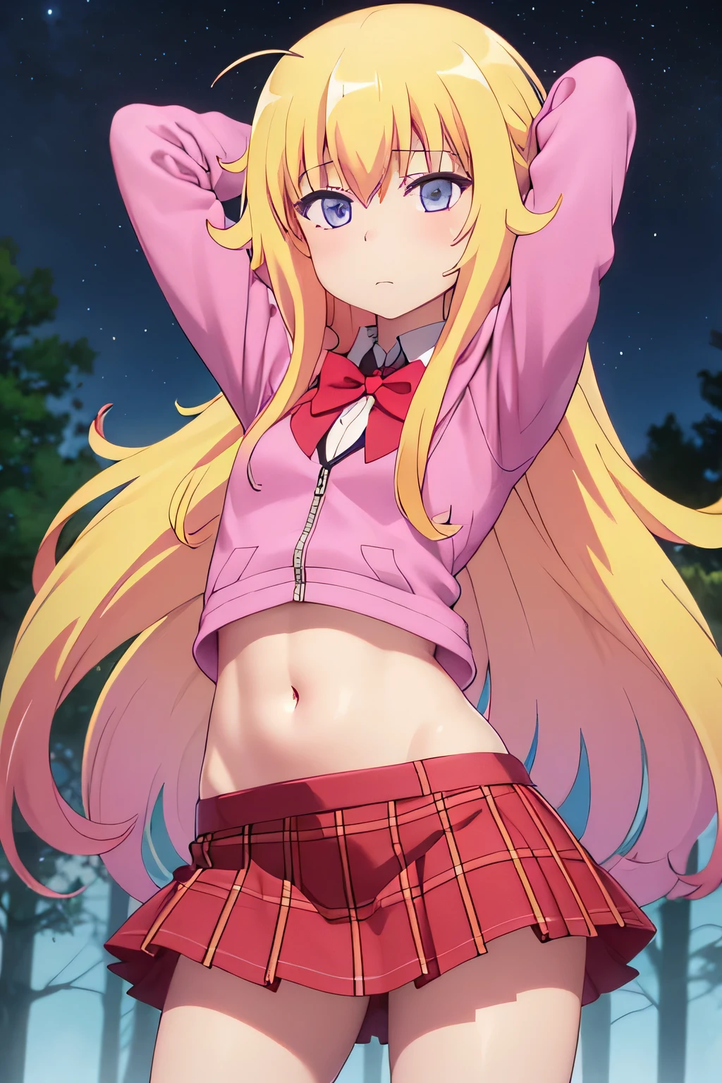 (extremely detailed CG unity 8k wallpaper), (masterpiece), (best quality), (ultra-detailed), (best illustration), (best shadow), (absurdres), 1girl, solo, gabriel white tenma, messy hair, ahoge, school uniform, red bow, plaid skirt, pink hoodie, arms behind head, closed_mouth, night sky, forest, spread armpits, midriff, contrapposto, cowboy shot, blush, expressionless,