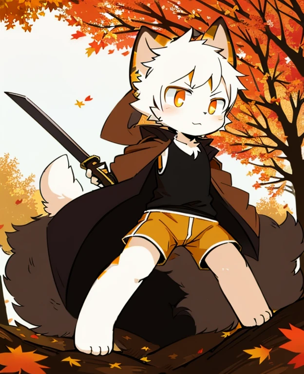 White fur cat ears, fluffy cat tail, male cub, bright orange eyes, white striped shorts, black vest, gold striped cloak, short silver hair, a cute person holding a ninja sword under the autumn maple tree