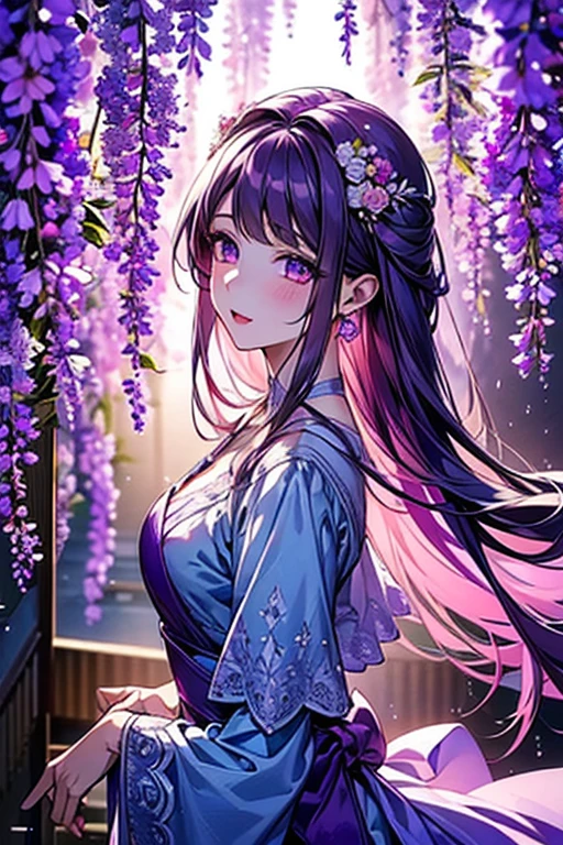 {{{{masterpiece}}}}, {{{Super detailed}}}, {{{High resolution}}}, {{excellent anatomy}}, (((highest quality))), ((very delicate and beautiful)), {{Highly detailed and delicate}}, {8k cg wallpaper},best style、Beautiful woman、The most Beautiful woman in the world、Purple water面に紫色の花が咲いている, soft purple glow, Purple background, Purple light, purple wisteria forest, Dynamic lighting that matches the wisteria season, art, Purple lights, Purple lighted street, shining purple, Purple cherry blossoms are raining everywhere, The path to blooming heaven, purple glow、Purple water、purple reflective water surface、Purple light