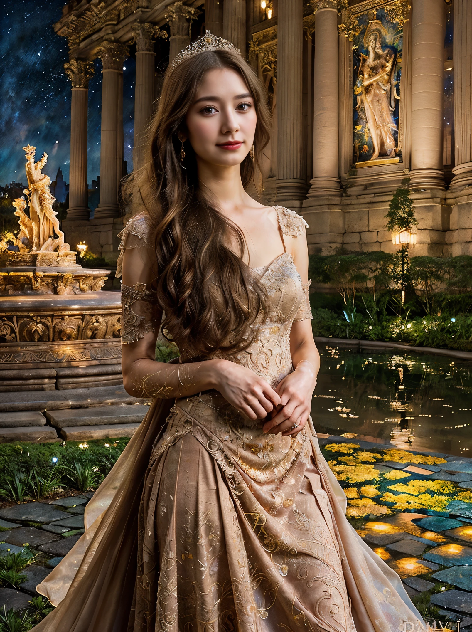 a solo beautiful princess, elegant, detailed, pretty, (rubenesque), (romanesque background), (night sky), elegant detailed dress, (art by dgtlv2 and henry asencio and zeen chin and josephine wall and edwin deakin), (masterpiece), (good anatomy),