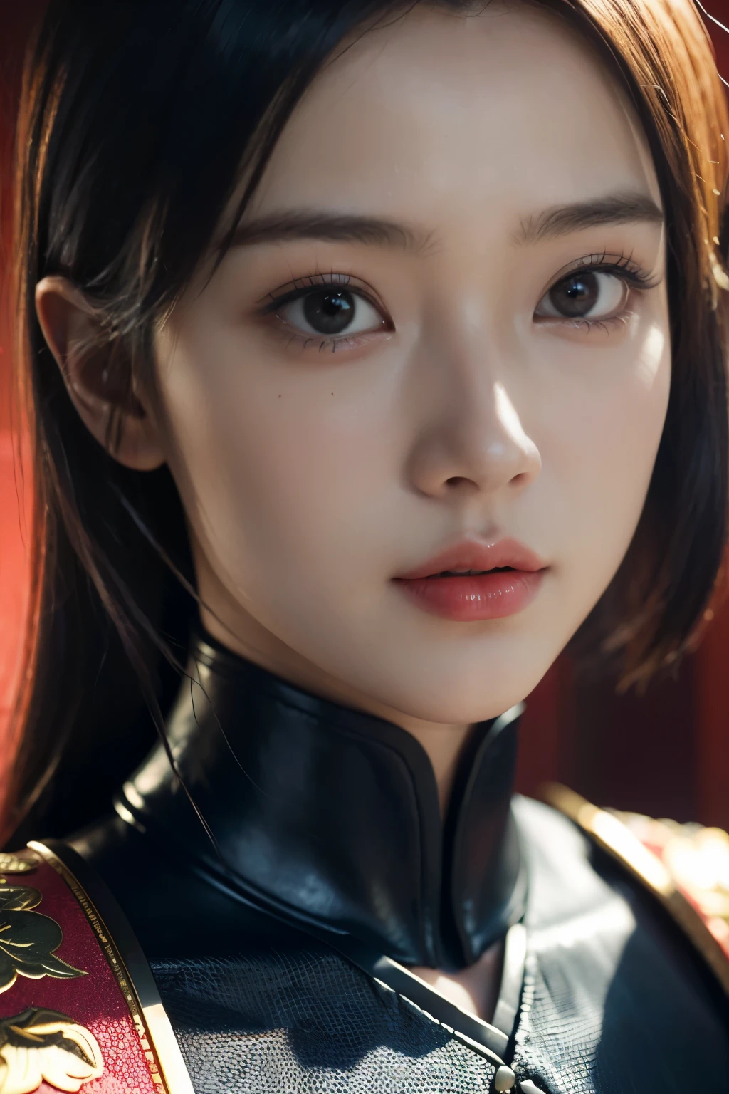 Game art，The best picture quality，Highest resolution，8K，((A bust photograph))，((Portrait))，((Head close-up:1.5))，(Rule of thirds)，Unreal Engine 5 rendering works， (The Girl of the Future)，(Female Warrior)， 22岁少女，(Female hackers)，(Ancient Oriental hairstyle)，((The pupils of the red eyes:1.3))，(A beautiful eye full of detail)，(Big breasts)，(Eye shadow)，优雅迷人，冷漠，((Anger))，(Future style silk combat suit combined with the characteristics of Chinese cheongsam，Joint Armor，There are exquisite Chinese patterns on the clothes，A flash of jewellery)，赛博朋克人物，未来风格， 拍照姿势，城市背景，Movie lights，Ray tracing，Game CG，((3D Unreal Engine))，oc渲染反射纹