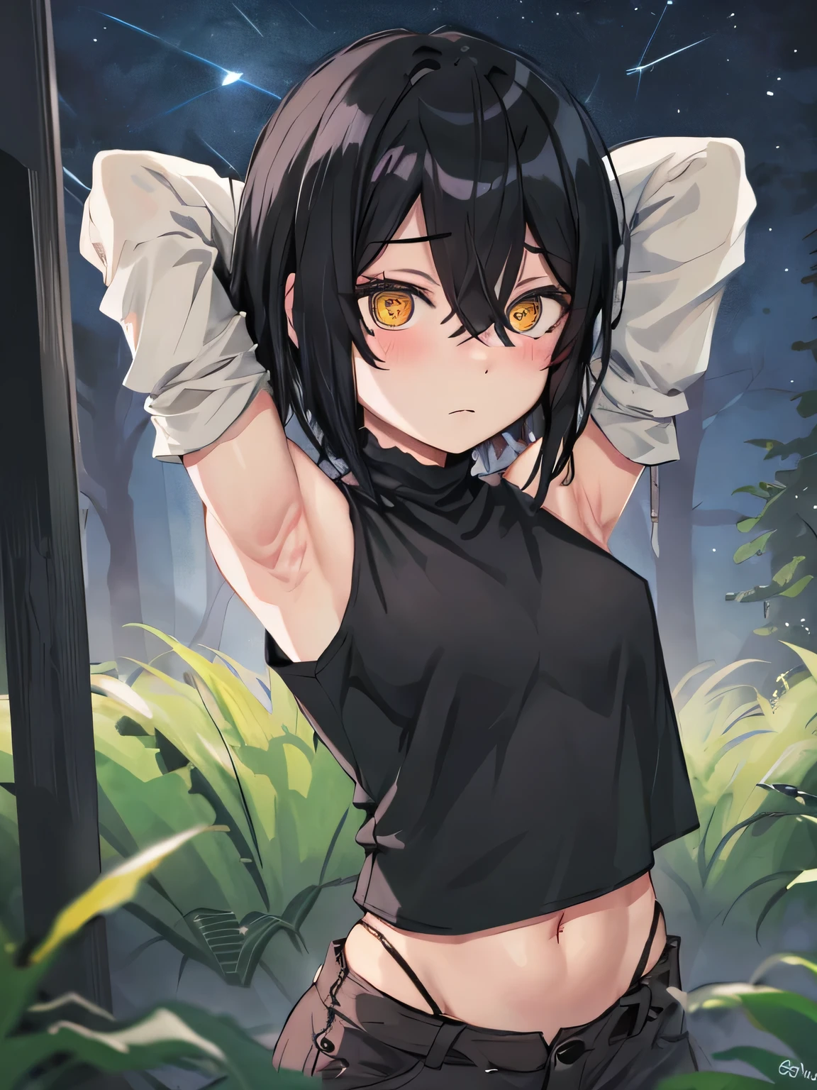 upper body, nayuta, 1girl, solo, black t-shirt, long sleeves, collarbone, navel, ringed eyes, red eyes, hair between eyes, short hair, black hair, looking at viewer, arms behind head, closed_mouth, night sky, forest, spread armpits, midriff, contrapposto, cowboy shot, blush, expressionless,