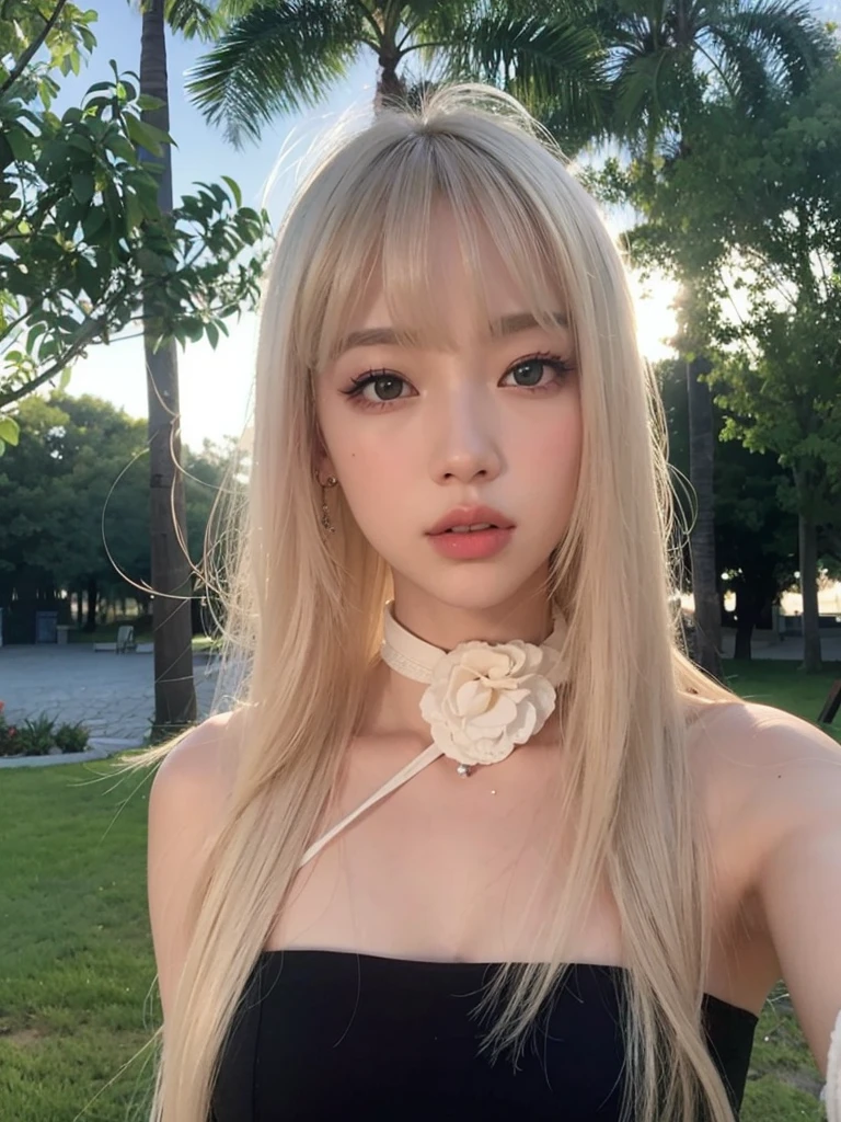 Mujer rubia con pelo largo con un vestido negro y cuello blanco., Lalisa Manobal, Lalisa Manoban de Blackpink, parque roseanne de blackpink, peinado de corte hime blanco, el corte de hime, con flequillo, con flequillo completo, portrait of jossi de blackpink, jossi de blackpink, bella delfina, shikami, long hair con flequillo completo