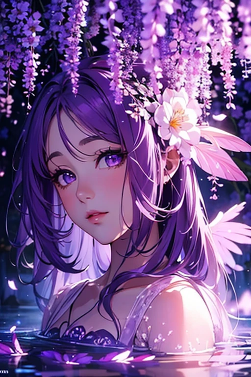 {{{{masterpiece}}}}, {{{Super detailed}}}, {{{High resolution}}}, {{excellent anatomy}}, (((highest quality))), ((very delicate and beautiful)), {{Highly detailed and delicate}}, {8k cg wallpaper},best style、Beautiful woman、The most Beautiful woman in the world、Purple water面に紫色の花が咲いている, soft purple glow, Purple background, Purple light, purple wisteria forest, Dynamic lighting that matches the wisteria season, art, Purple lights, Purple lighted street, shining purple, Purple cherry blossoms are raining everywhere, The path to blooming heaven, purple glow、Purple water、purple reflective water surface、Purple light