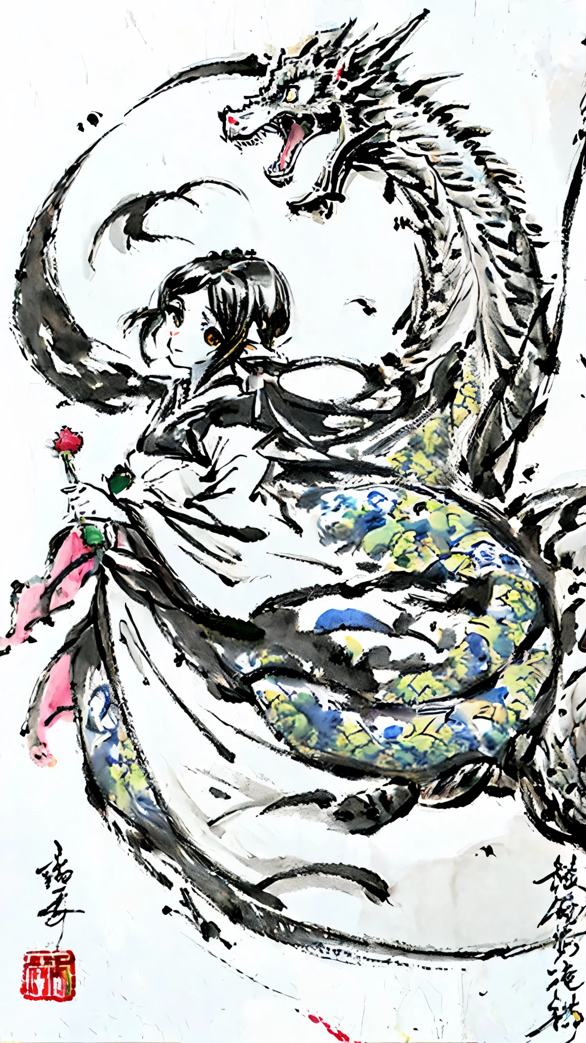 ink painting dragon、black and white divine dragon、black and white ink painting、dragon ink painting、Divine dragon ink painting、no people are depicted、Ink painting of divine dragon only、