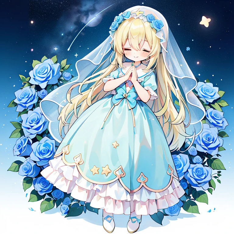 (PastelColors:1.3)、(Cute illustration:1.3)、Close your eyes and see the stars in the night sky々girl praying for peace、Full body standing from a distance、Dressed in a beautiful frilly dress and veil、blonde long hair、Smile of Charity、Background filled with many blue roses