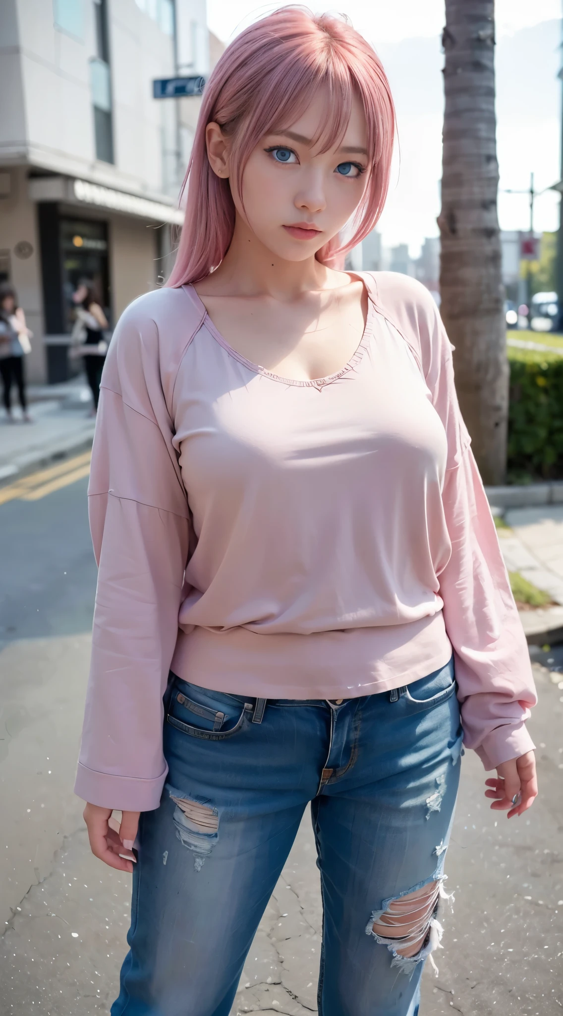 1 girl、foto de la joven (Sana Minatonazi:NamiTamaki:0.5) High resolution 1.2, (8k, RAW Photo, Best quality, Masterpiece), (realistic, photo-realistic:1.4), Ultra detailed, big face, On the street Tokio, sexy, medium height, beautiful woman, Yukata Beauty, the night、A landscape urban、City light、Upper body、sexy, close-up、(realistic cyan blue eyes: 2.0), Asian woman with fine hair pink Cheng Yi, fine pink hair, inspired by Yanjun Cheng, flowing hair, Realistic skin tone, soft mouth, short pink hair, realistic pink short hair, very pretty, full body, realistic faces、pink hair,、(8k、raw photography、premium 、masterpiece:1.2)、(realistic、photorealistic:1.37), (pink hair), Ear hair, medium tits, ), wearing (black t-shirt:1.2) , pink top, long jeans with rips with a worn look, black jacket punk style with studs and tacks, pink and white sneakers
