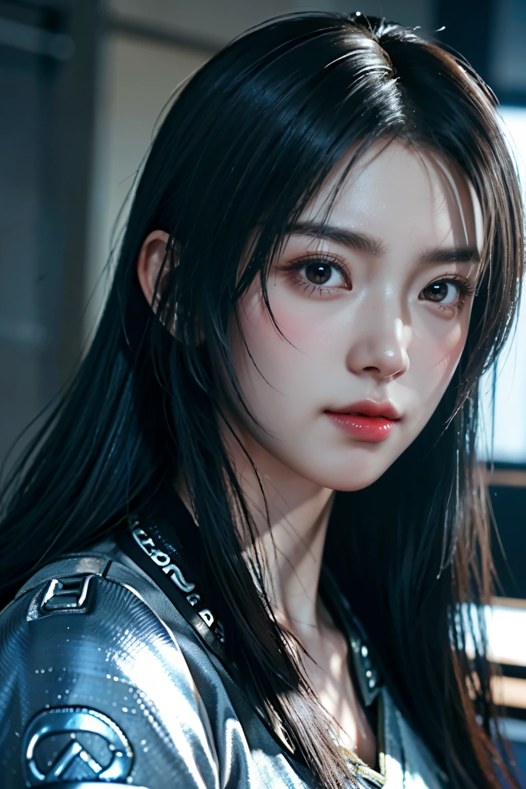 Game art，The best picture quality，Highest resolution，8K，((A bust photograph))，((Portrait))，((Head close-up:1.5))，(Rule of thirds)，Unreal Engine 5 rendering works， (The Girl of the Future)，(Female Warrior)， 22岁少女，(Female hackers)，(Ancient Oriental hairstyle)，((The pupils of the red eyes:1.3))，(A beautiful eye full of detail)，(Big breasts)，(Eye shadow)，优雅迷人，冷漠，((Anger))，(Future style silk combat suit combined with the characteristics of Chinese cheongsam，Joint Armor，There are exquisite Chinese patterns on the clothes，A flash of jewellery)，赛博朋克人物，未来风格， 拍照姿势，城市背景，Movie lights，Ray tracing，Game CG，((3D Unreal Engine))，oc渲染反射纹