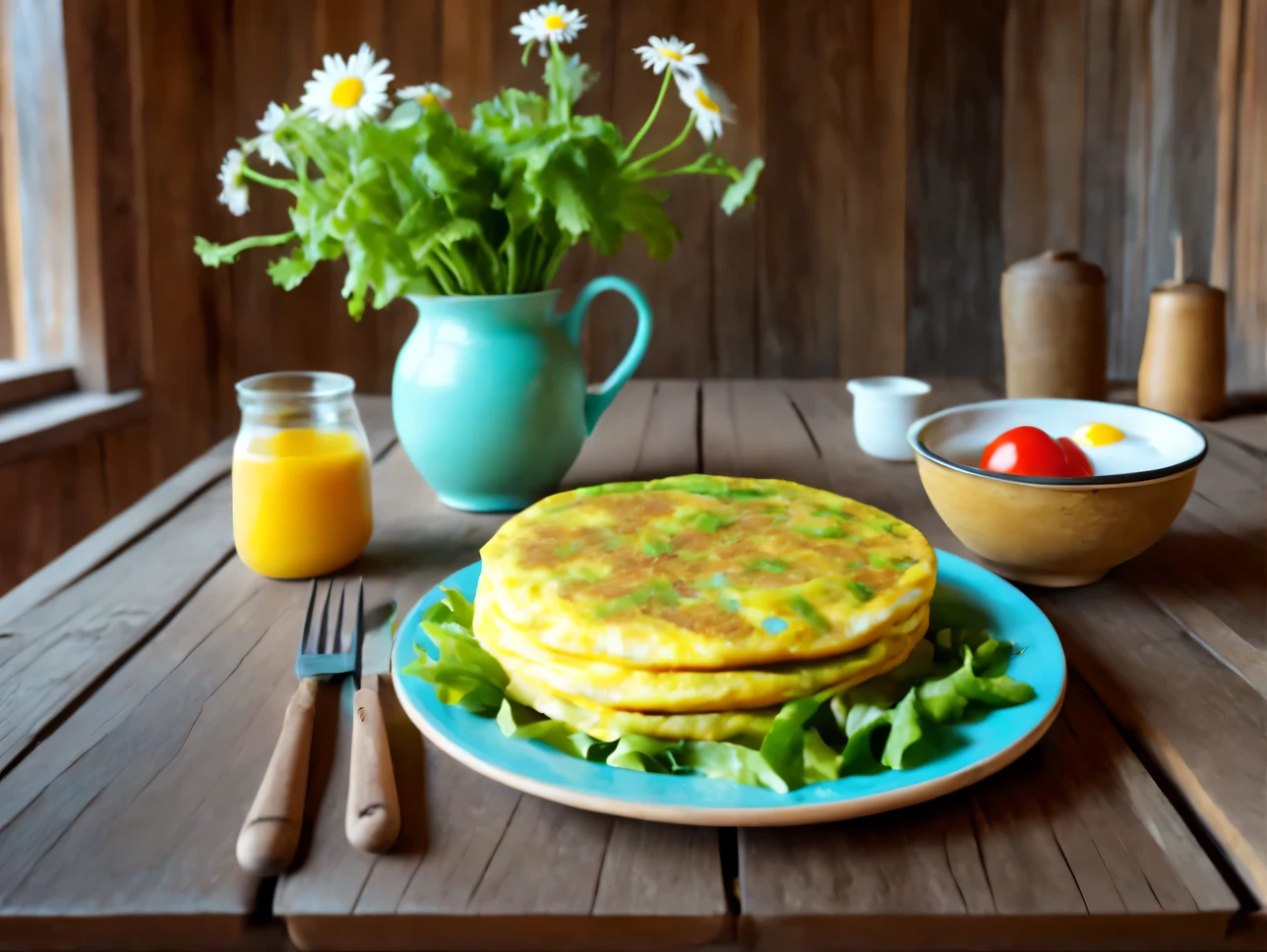 (professional photography:1,6), rough wooden table in a wooden house, on the table there is a beautiful clay plate with breakfast, omelette on a plate surrounded by chopped vegetables and lettuce, next to it is a beautiful painted vase with a bouquet of daisies., light oozes from the side but you can’t see it from where, ray tracing, shadows from objects, fragrant steam from breakfast, looks appetizing and tasty, photo for illustration, professional photo, there is a postcard with text on the table "Have a good day!"