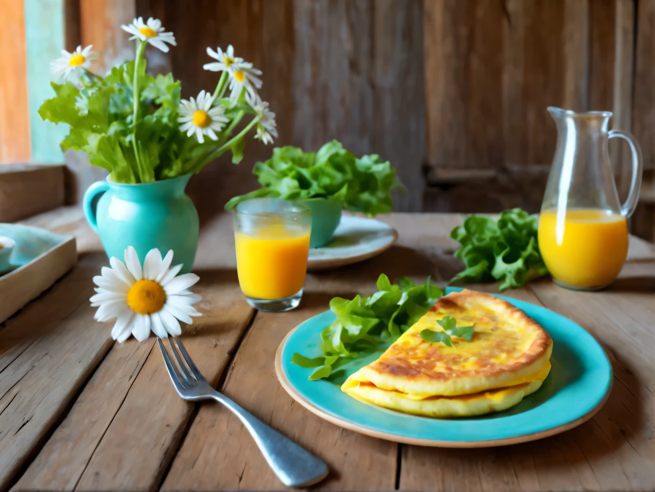(professional photography:1,6), rough wooden table in a wooden house, on the table there is a beautiful clay plate with breakfast, omelette on a plate surrounded by chopped vegetables and lettuce, next to it is a beautiful painted vase with a bouquet of daisies., light oozes from the side but you can’t see it from where, ray tracing, shadows from objects, fragrant steam from breakfast, looks appetizing and tasty, photo for illustration, professional photo, there is a postcard with text on the table "Have a good day!"