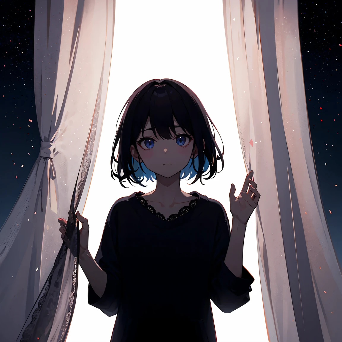hide behind a lace curtain:1.2、silhouette:1.2、positive、I can only see your face、starry sky:1.4