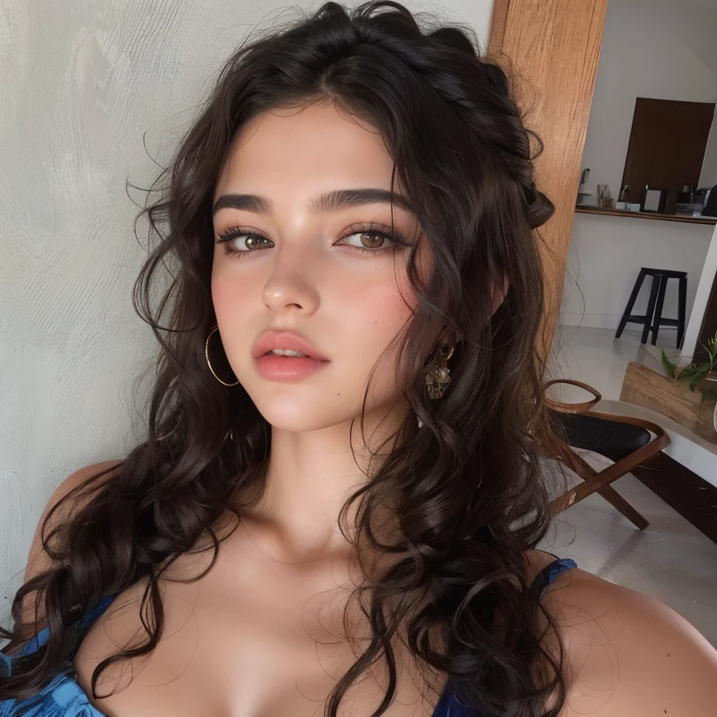 a close up of a woman with long hair wearing a blue dress, looks like laura barriales, no makeup wavy hair, portrait sophie mudd, dua lipa, alexa65, alexa 65, instagram model, curly middle part haircut, gorgeous latina face, bella poarch, gorgeous lady, by Emma Andijewska