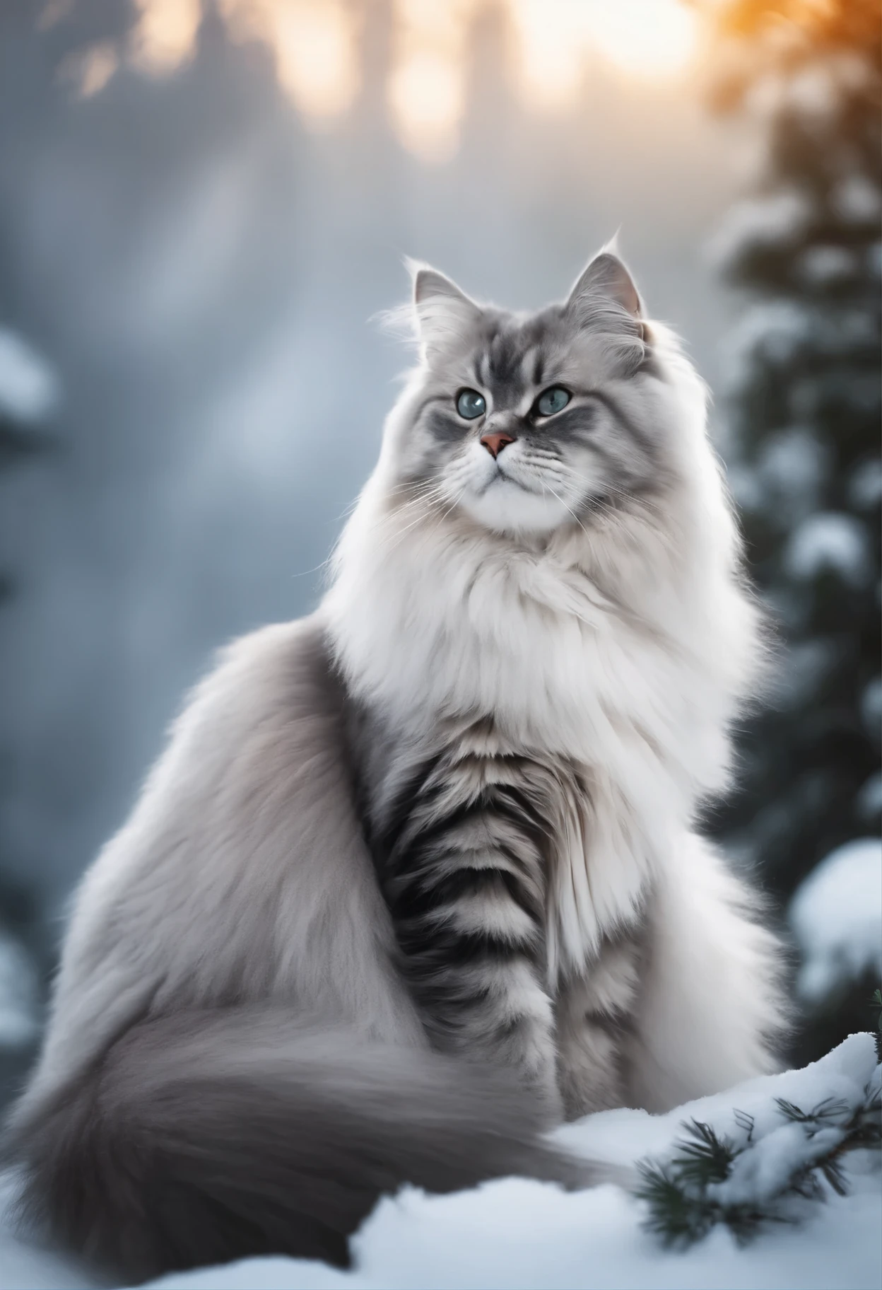 Giant fluffy silver and black Siberian cat, Snow and pine tree background, soft light, original photo, masterpiece, 8k wallpaper