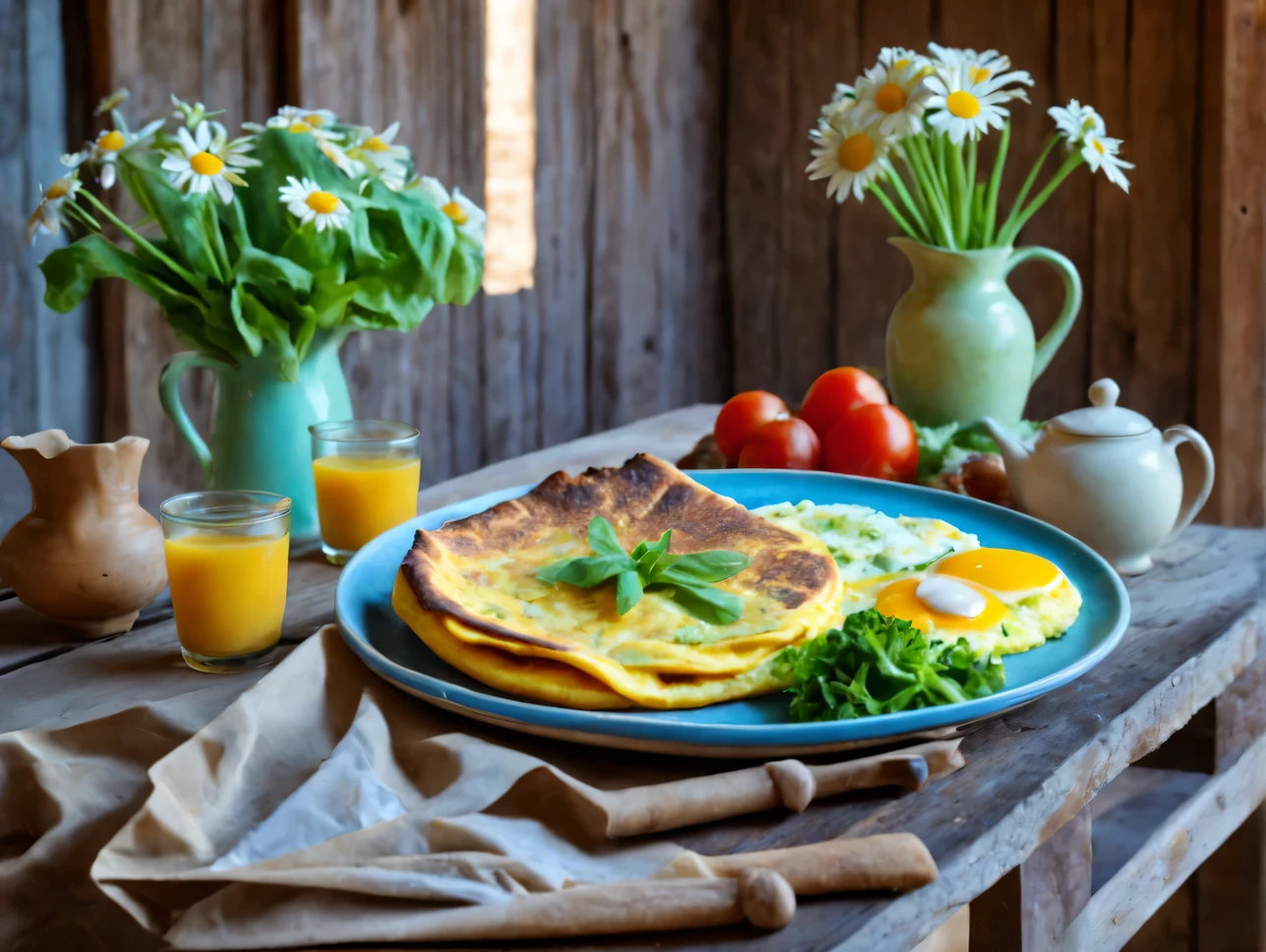 (professional photography:1,6), rough wooden table in a wooden house, on the table there is a beautiful clay plate with breakfast, omelette on a plate surrounded by chopped vegetables and lettuce, next to it is a beautiful painted vase with a bouquet of daisies., light oozes from the side but you can’t see it from where, ray tracing, shadows from objects, fragrant steam from breakfast, looks appetizing and tasty, photo for illustration, professional photo, there is a postcard with text on the table "Have a good day!"