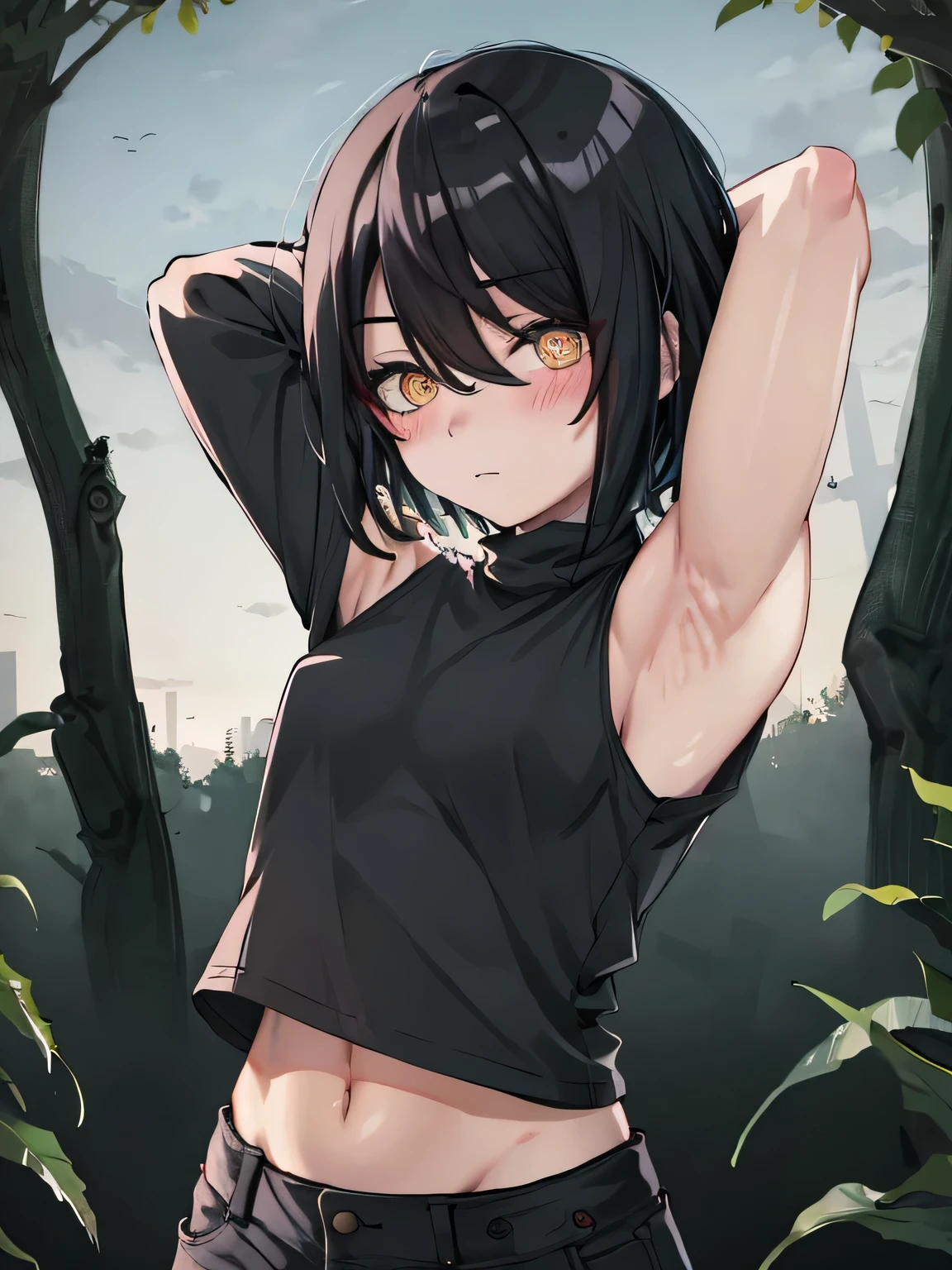 upper body, nayuta, 1girl, solo, black t-shirt, long sleeves, collarbone, navel, ringed eyes, red eyes, hair between eyes, short hair, black hair, looking at viewer, arms behind head, closed_mouth, night sky, forest, spread armpits, midriff, contrapposto, cowboy shot, blush, expressionless,