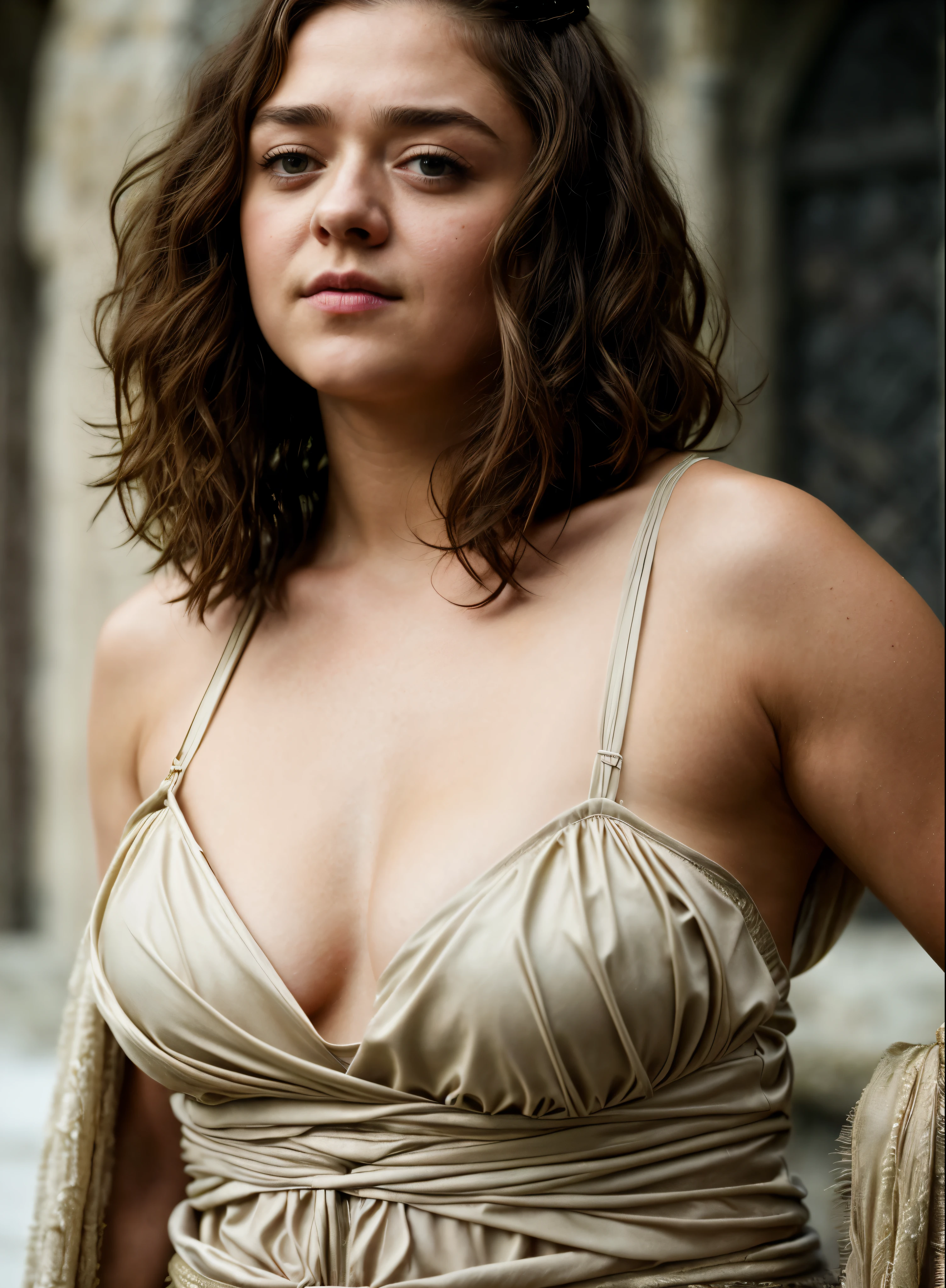 Foto RAW, Arya Stark, Extremely gorgeous lady, Arya Stark PLAYED BY MAISIE WILLIAMS, Queen Arya Stark, she a mature woman now, milf, sexy mediaeval battle dress, gladiator woman, body, 40 years old Woman, body revealing costumes, perky breast, big natural breast, erotic costumes, lusty physique, seductive figure can capture every people's attention, Game of thrones costumes, revealing captivating figure, Mediaeval costumes, revealing clothes, A tomboy, she would rather fence than dance, warrior queen , game of thrones screen caps, Game of Thrones Series, (pele altamente detalhada: 1.2), 8k UHD, DSLR, soft-lighting, alta qualidade, grain of film, Fujifilm XT3, flawless picture, highly detailed, detailed Beauty, intricate, 32k, sharp picture,