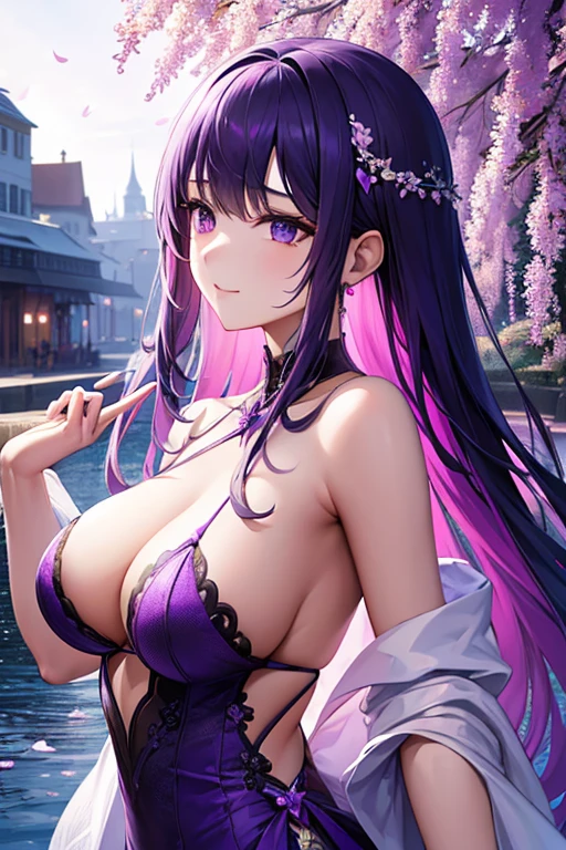 {{{{masterpiece}}}}, {{{super detailed}}}, {{{High resolution}}}, {{excellent anatomy}}, (((highest quality))), ((very delicate and beautiful)), {{very detailed and delicate}}, {8k cg wallpaper},best style、beautiful woman、The most beautiful woman in the world、Purple water面に紫色の花が咲いている, soft purple glow, Purple background, Purple light, purple wisteria forest, Dynamic lighting for the wisteria season, art, Purple lights, Purple lighted street, shining purple, Purple cherry blossoms are raining everywhere, The blossoming path to heaven, purple glow、Purple water、purple reflective water surface、purple light