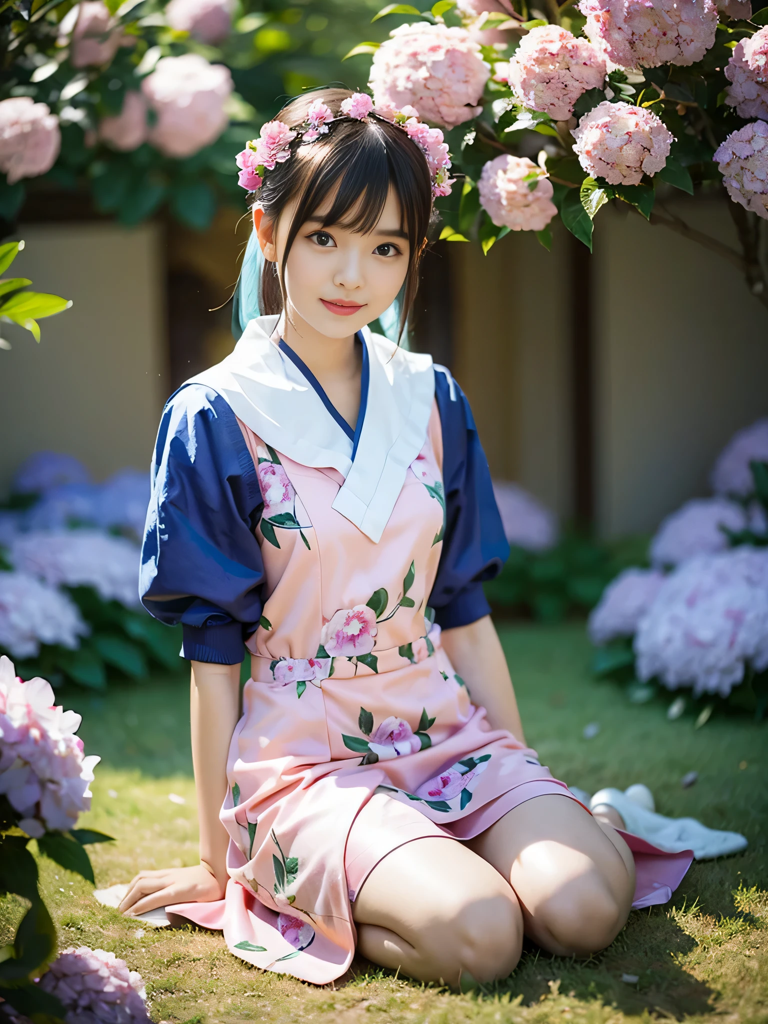 (((full body photo)))), ((Single eyelid))),((sunset light))),(lens flare)),(Wearing Chinese clothes)),(((Super Soft Focus)))))), smile, (Brief History))))), (climb)), twilight, shower, Colorful hydrangea flowers on the background, Surrounded by hydrangeas, ((soft sunset)), (Yinchuan:1.5), Masterpiece, best quality, raw photos, realistic, face, beautiful girl, cute, short hair, ((((depth of field)))), high resolution, Special details, great details, very detailed, movie light