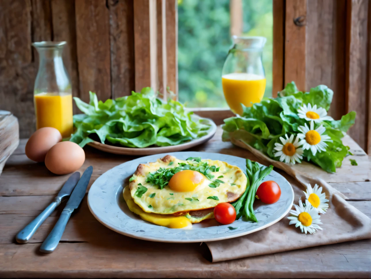 (professional photography:1,6), rough wooden table in a wooden house, on the table there is a beautiful clay plate with breakfast, omelette on a plate surrounded by chopped vegetables and lettuce, next to it is a beautiful painted vase with a bouquet of daisies., light oozes from the side but you can’t see it from where, ray tracing, shadows from objects, fragrant steam from breakfast, looks appetizing and tasty, photo for illustration, professional photo, there is a postcard with text on the table "Have a good day!"