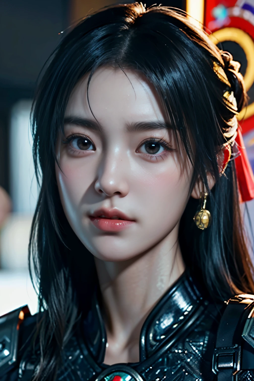 Game art,The best picture quality,Highest resolution,8K,((A bust photograph)),((Portrait)),((Head close-up:1.5)),(Rule of thirds),Unreal Engine 5 rendering works, (The Girl of the Future),(Female Warrior), 22岁少女,(Female hackers),(Ancient Oriental hairstyle),((The pupils of the red eyes:1.3)),(A beautiful eye full of detail),(Big breasts),(Eye shadow),优雅迷人,冷漠,((Anger)),(Future style silk combat suit combined with the characteristics of Chinese cheongsam,Joint Armor,There are exquisite Chinese patterns on the clothes,A flash of jewellery),赛博朋克人物,未来风格, 拍照姿势,城市背景,Movie lights,Ray tracing,Game CG,((3D Unreal Engine)),oc渲染反射纹